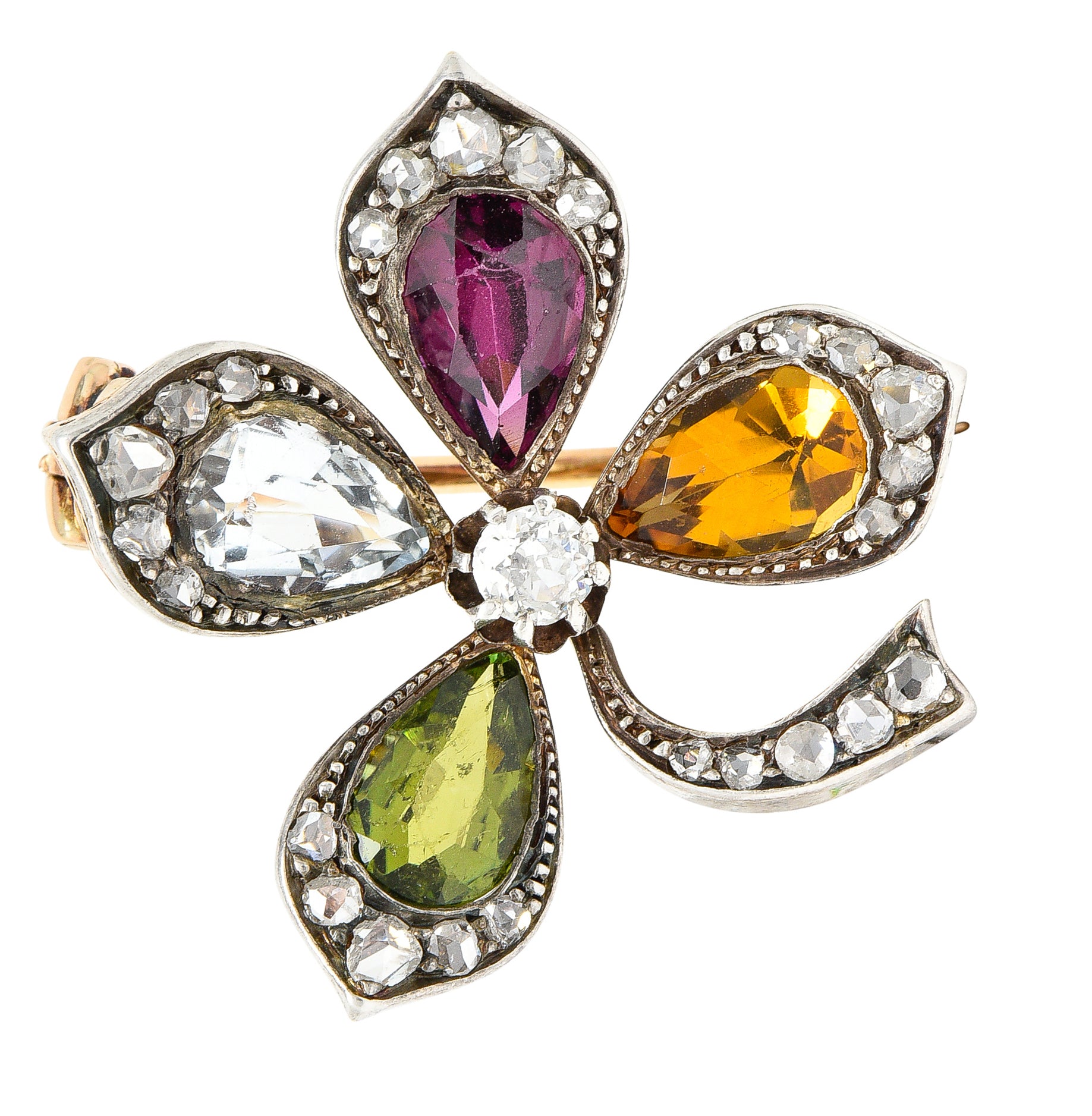 Victorian Aquamarine Garnet Citrine Peridot Diamond Silver-Topped 14 Karat Yellow Gold Four Leaf Clover Antique Brooch Wilson's Estate Jewelry