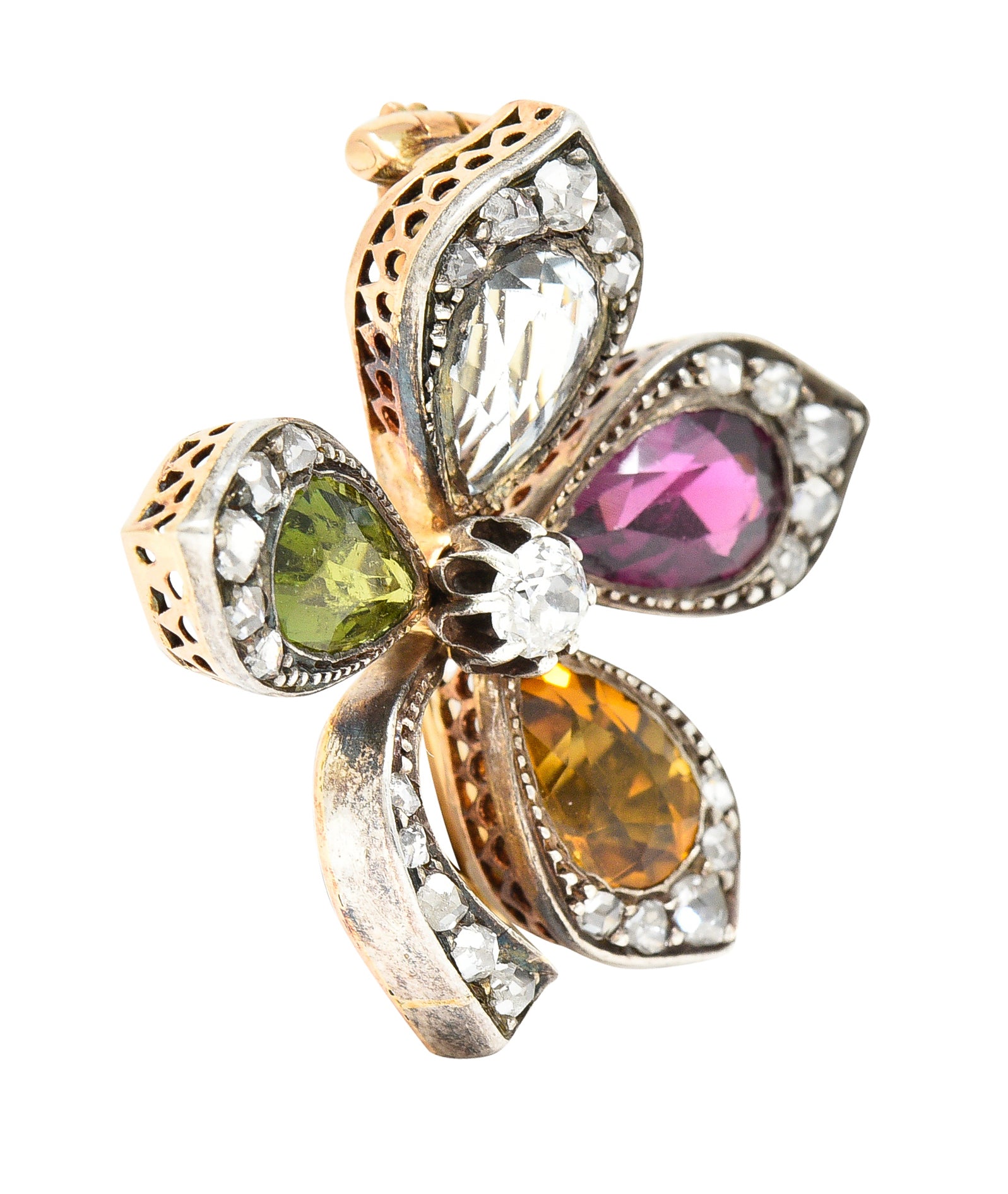 Victorian Aquamarine Garnet Citrine Peridot Diamond Silver-Topped 14 Karat Yellow Gold Four Leaf Clover Antique Brooch Wilson's Estate Jewelry