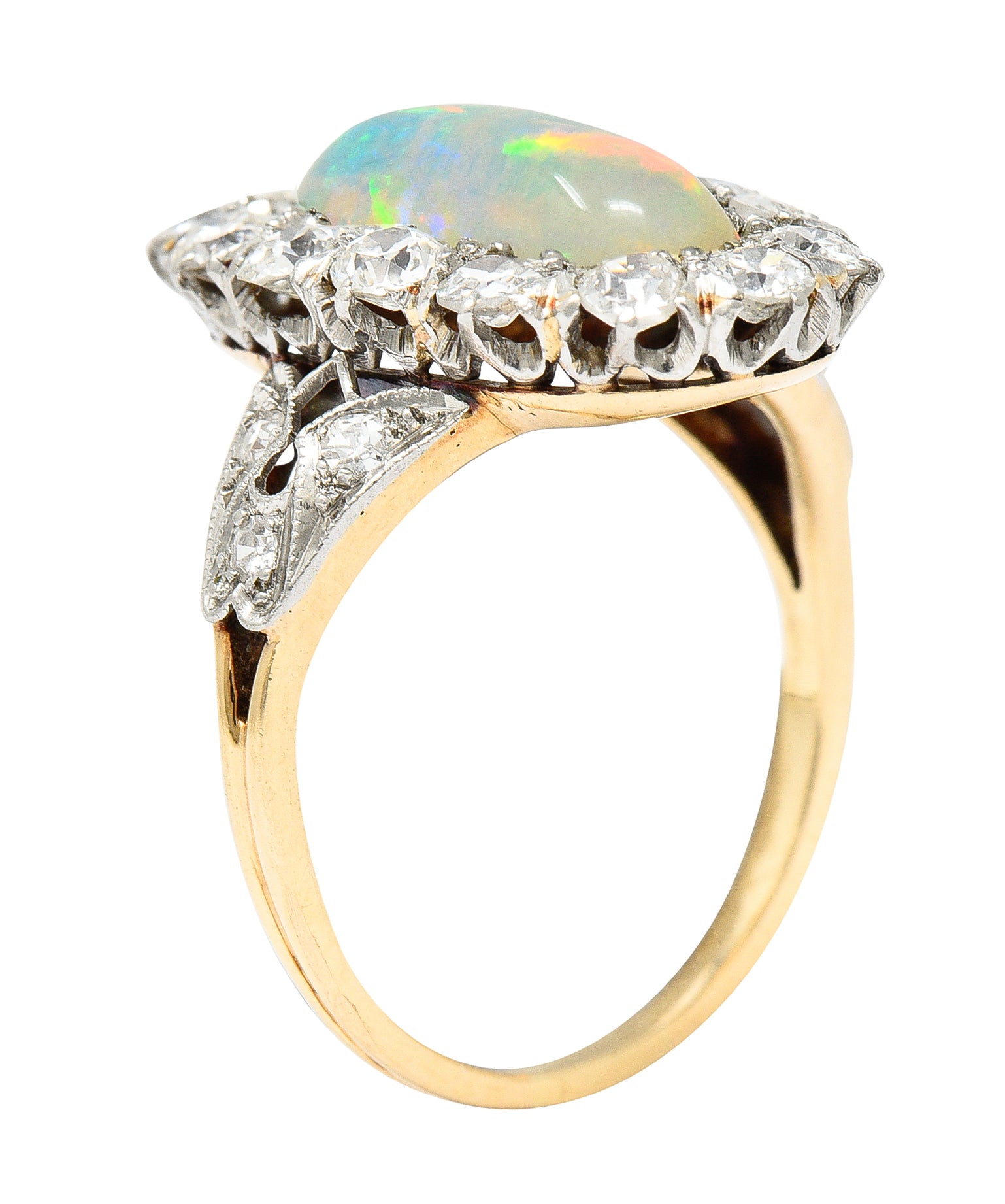 Edwardian Jelly Opal Diamond Platinum-Topped 14 Karat Gold Cluster Ring Wilson's Estate Jewelry