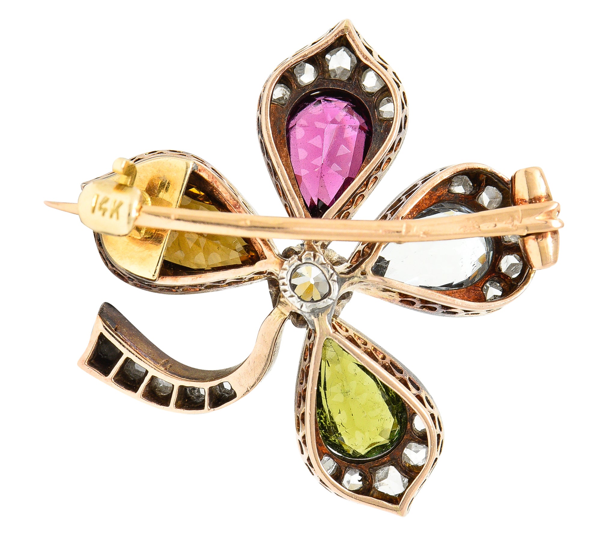 Victorian Aquamarine Garnet Citrine Peridot Diamond Silver-Topped 14 Karat Yellow Gold Four Leaf Clover Antique Brooch Wilson's Estate Jewelry