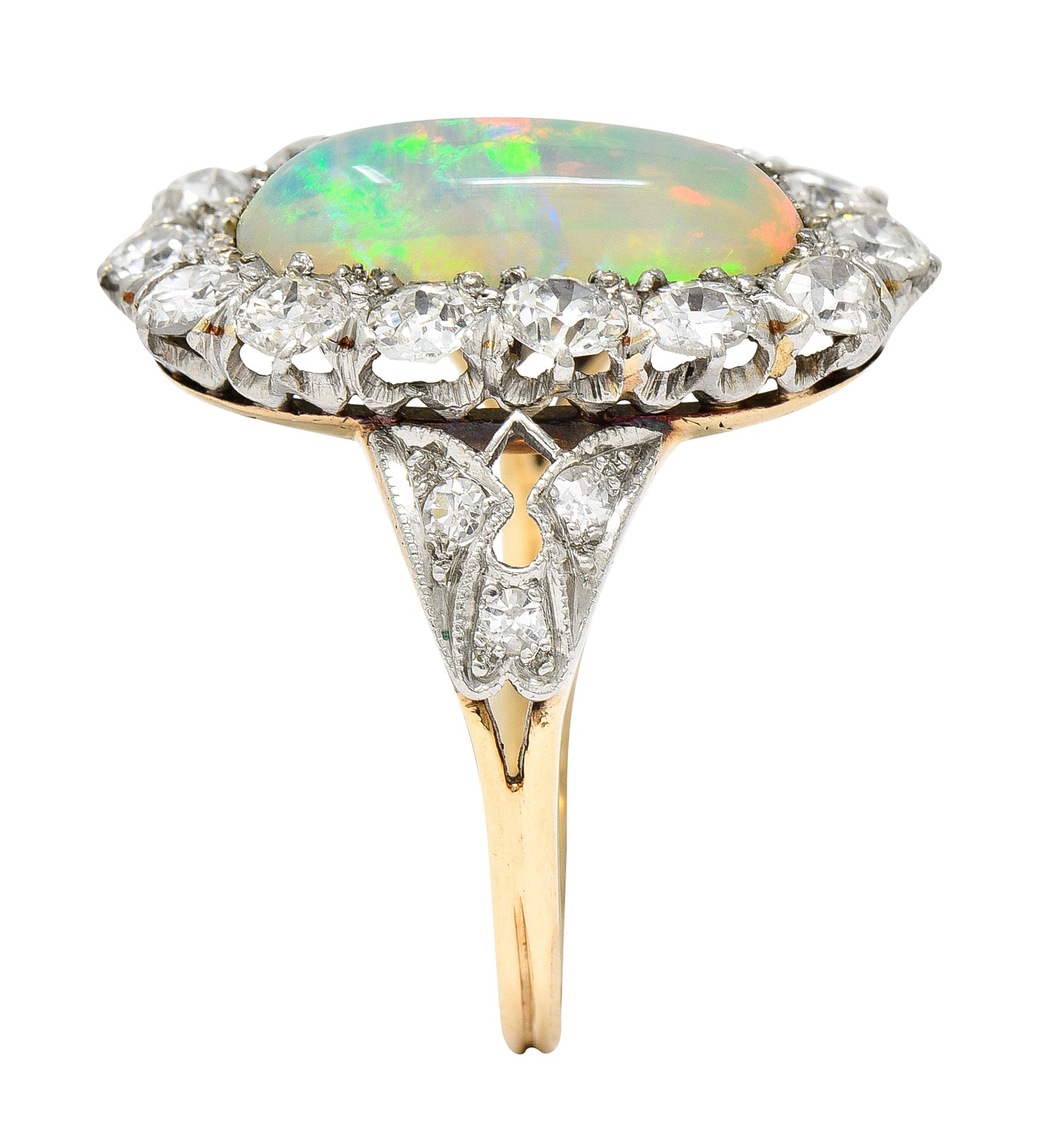 Edwardian Jelly Opal Diamond Platinum-Topped 14 Karat Gold Cluster Ring Wilson's Estate Jewelry