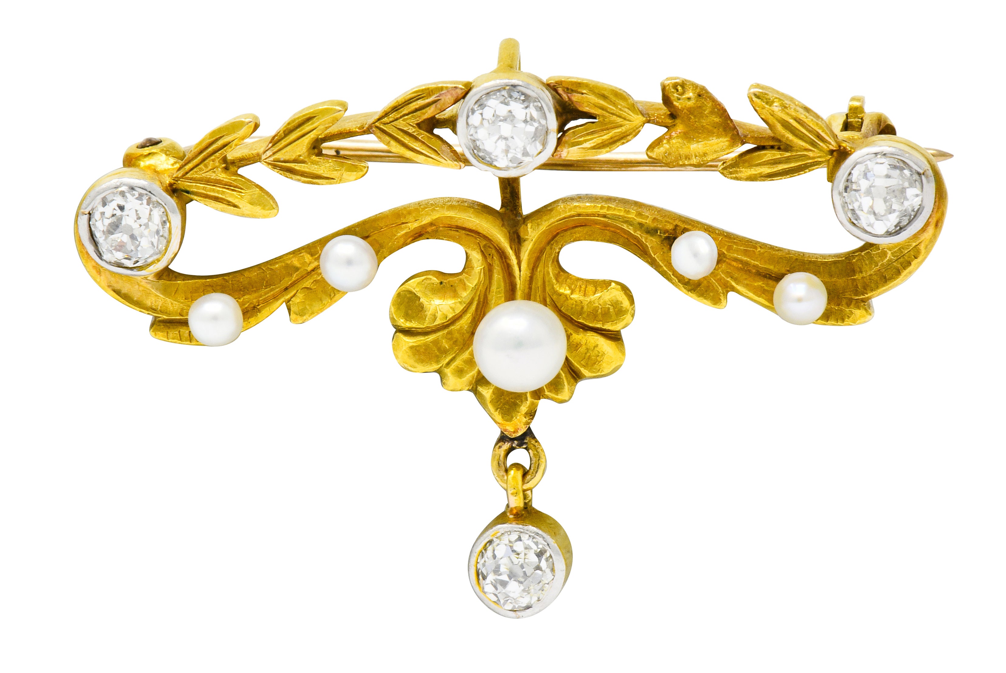 Art Nouveau Diamond Pearl Platinum-Topped 14 Karat Gold Articulated Foliate Brooch - Wilson's Estate Jewelry