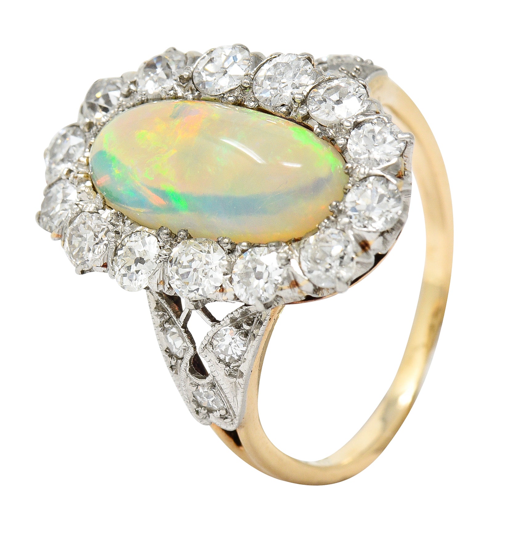 Edwardian Jelly Opal Diamond Platinum-Topped 14 Karat Gold Cluster Ring Wilson's Estate Jewelry