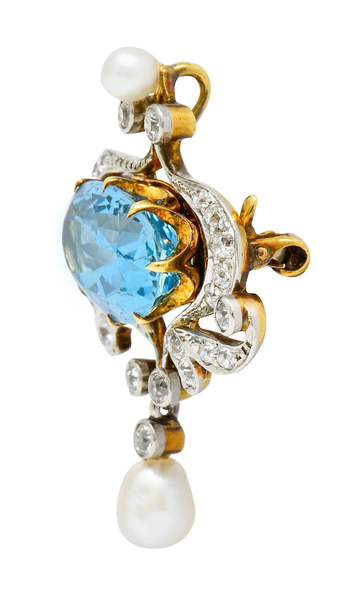 Edwardian 5.45 CTW Aquamarine Diamond Pearl Platinum-Topped 18 Karat Gold BroochBrooch - Wilson's Estate Jewelry