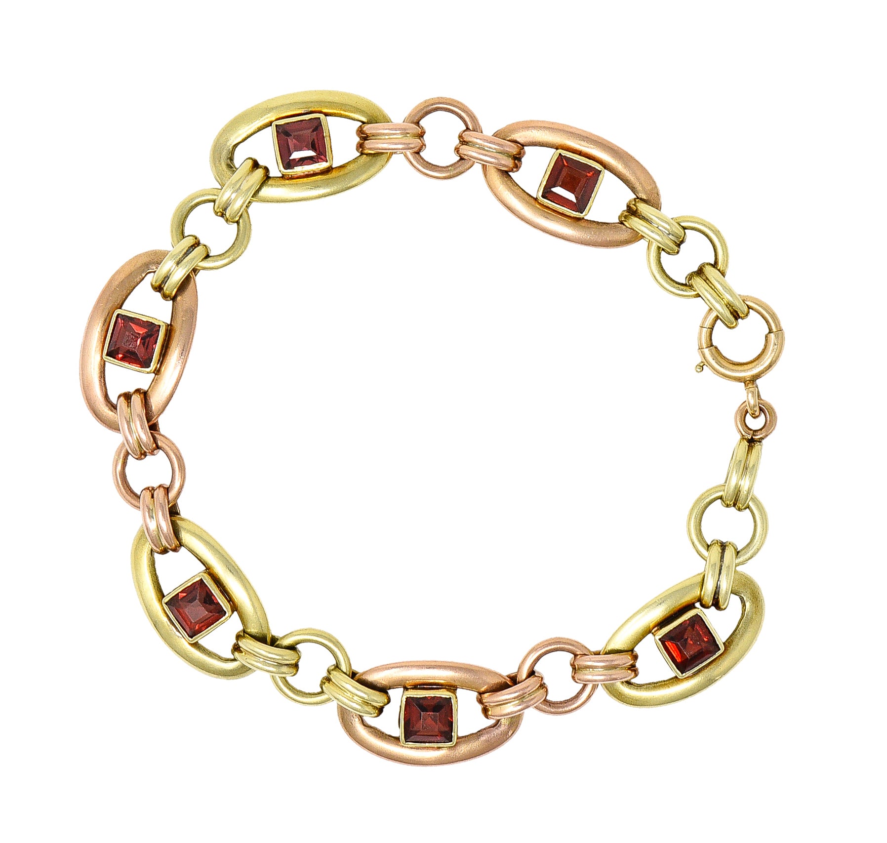 1940's Retro Garnet 14 Karat Two-Tone Gold Gemstone Link Bracelet Wilson's Estate Jewelry