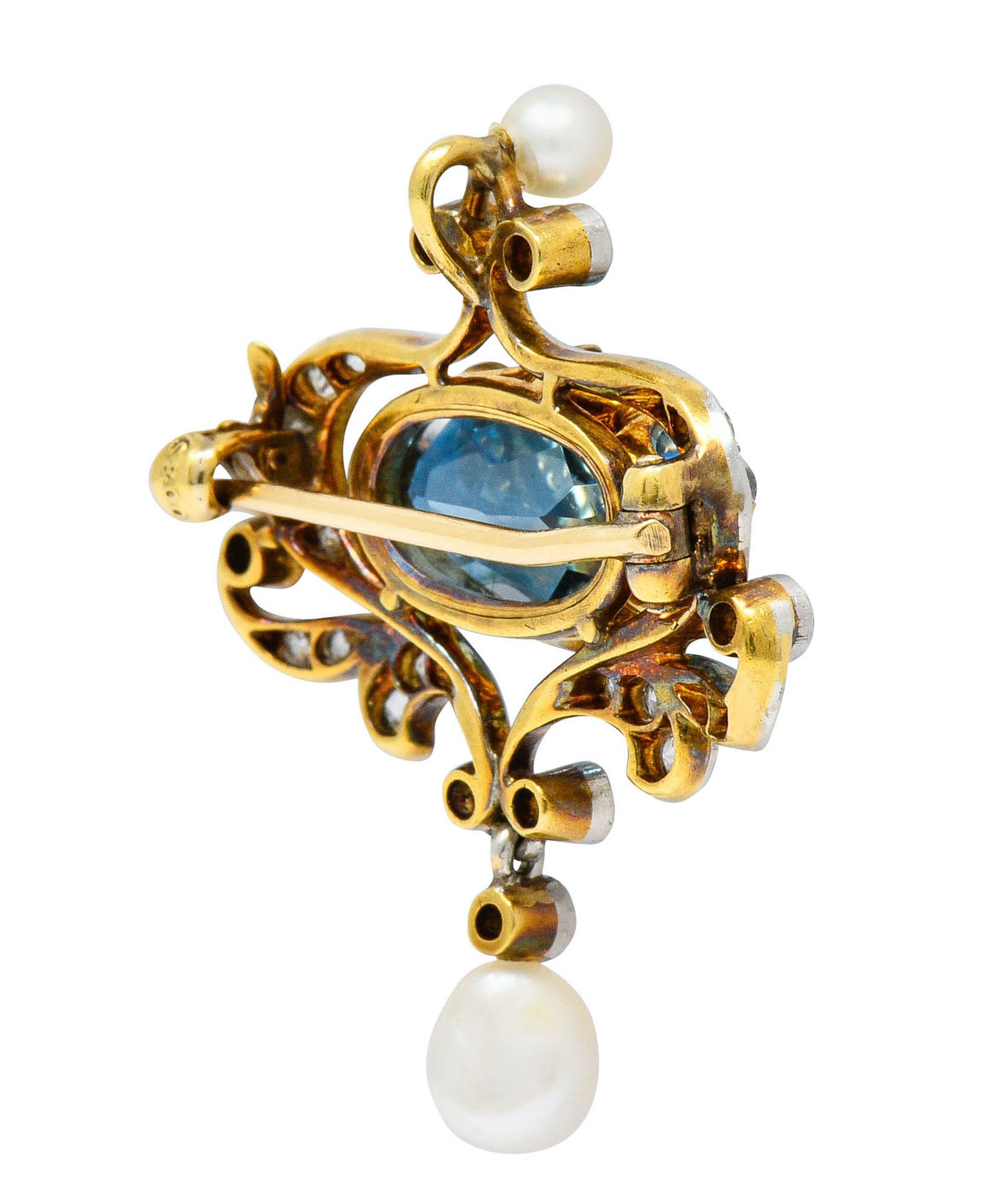 Edwardian 5.45 CTW Aquamarine Diamond Pearl Platinum-Topped 18 Karat Gold BroochBrooch - Wilson's Estate Jewelry