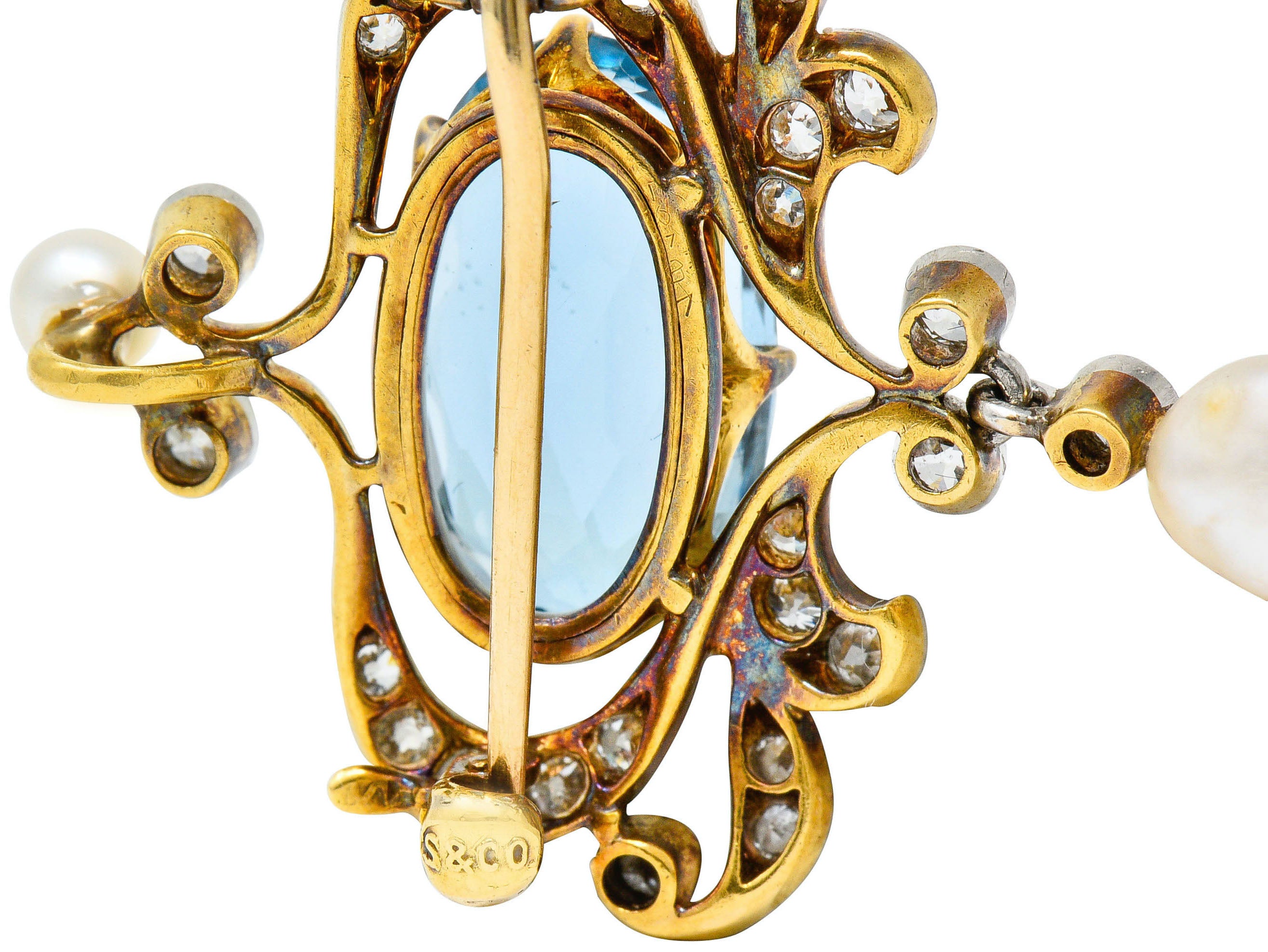 Edwardian 5.45 CTW Aquamarine Diamond Pearl Platinum-Topped 18 Karat Gold BroochBrooch - Wilson's Estate Jewelry