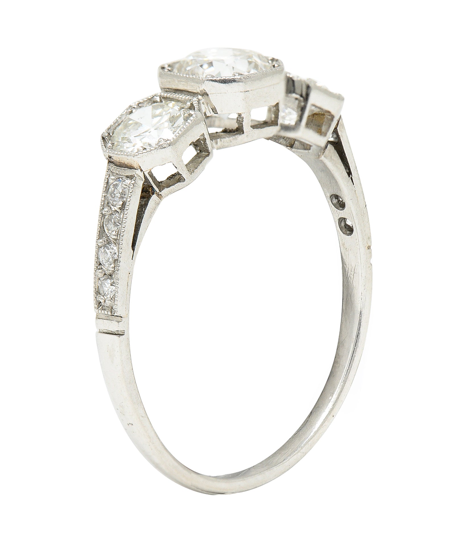 Art Deco 1.34 CTW Old European Cut Diamond Platinum Octagonal Three Stone Alternative Ring Wilson's Estate Jewelry