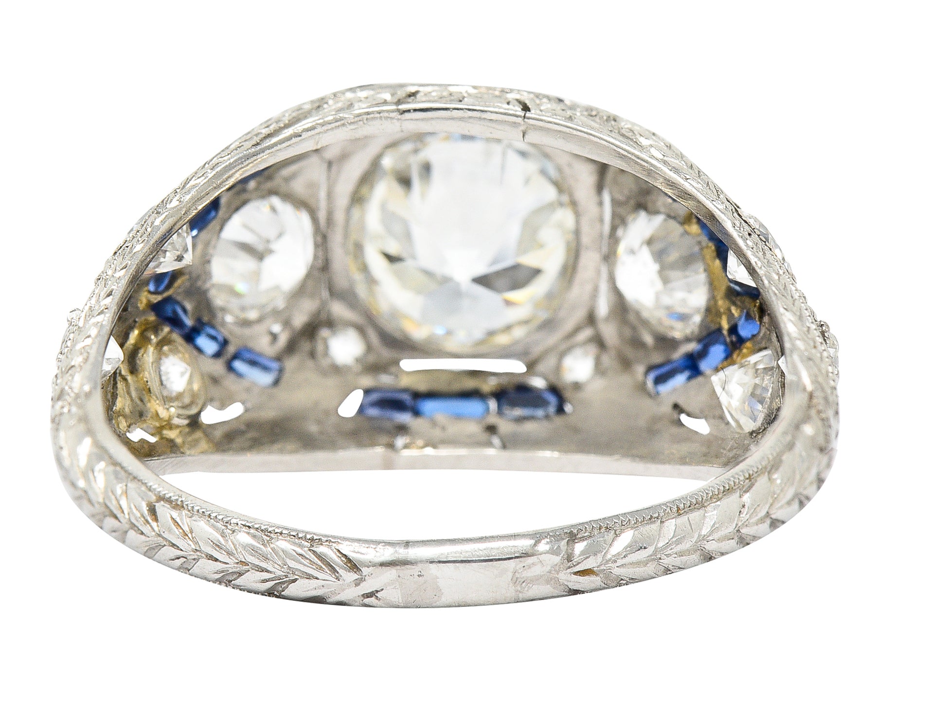 Art Deco 2.18 CTW Diamond Sapphire Platinum Engraved Engagement Ring Wilson's Estate Jewelry