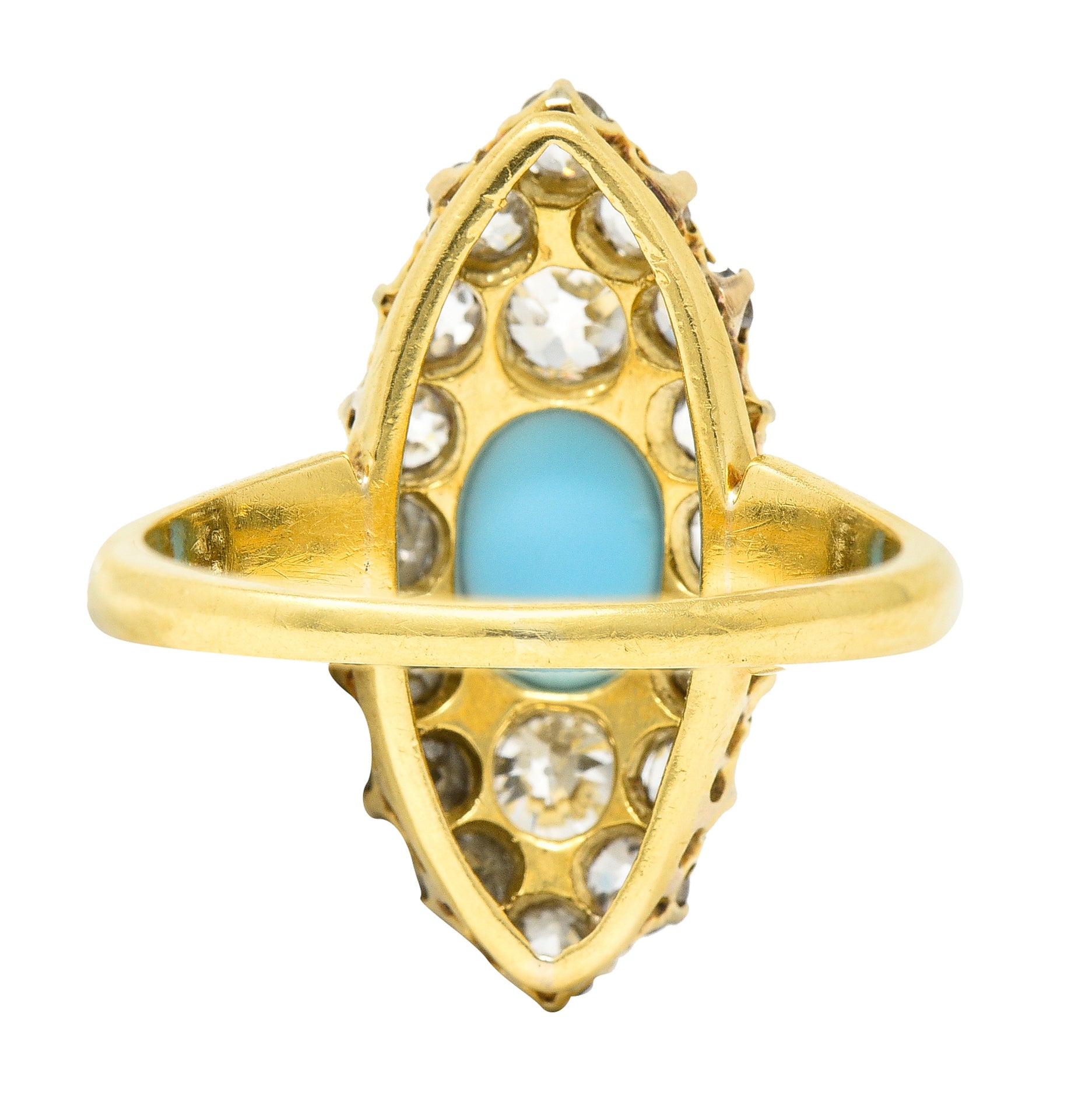 Victorian 1.68 CTW Old European Cut Diamond Turquoise 18 Karat Yellow Gold Antique Navette Cluster Ring Wilson's Estate Jewelry