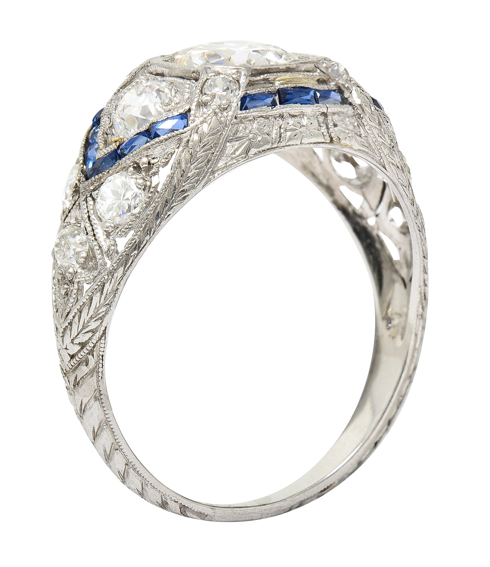 Art Deco 2.18 CTW Diamond Sapphire Platinum Engraved Engagement Ring Wilson's Estate Jewelry