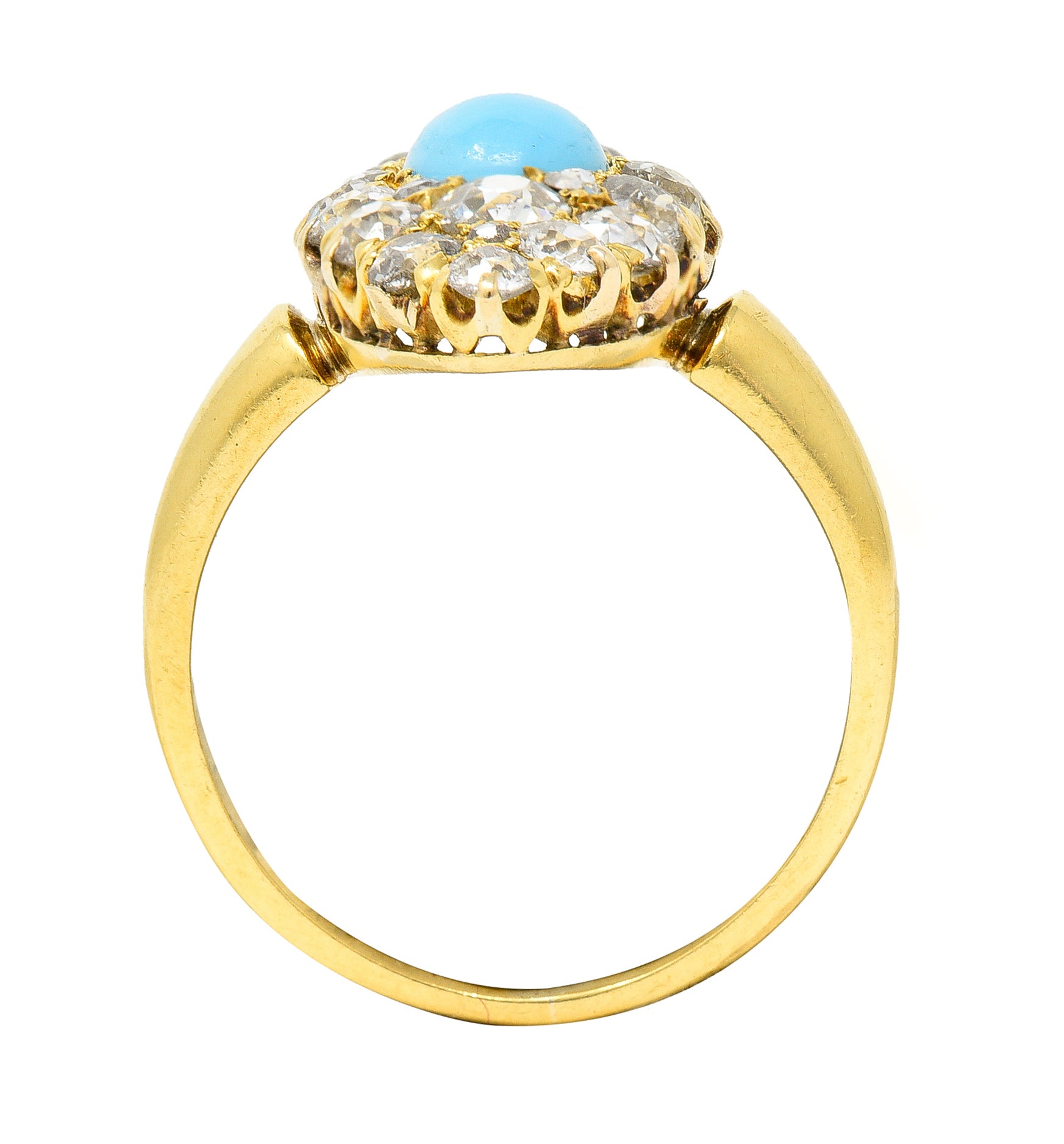 Victorian 1.68 CTW Old European Cut Diamond Turquoise 18 Karat Yellow Gold Antique Navette Cluster Ring Wilson's Estate Jewelry