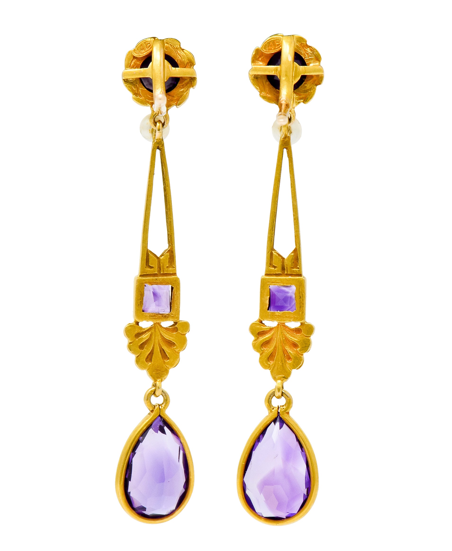 Victorian Amethyst Pearl 14 Karat Gold Foliate Drop Earrings - Wilson's Estate Jewelry