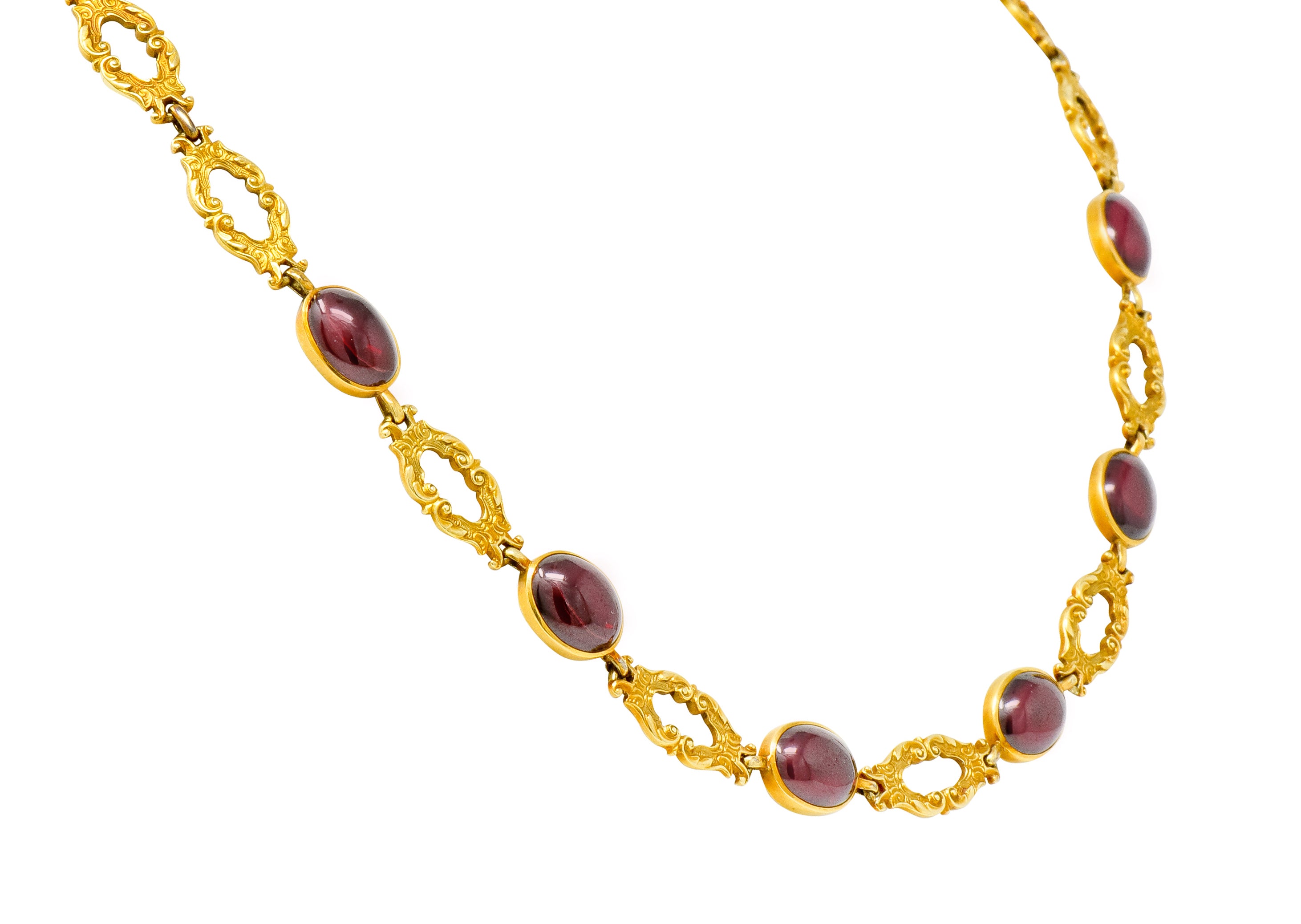 Late Victorian Rhodolite Garnet Cabochon 14 Karat Gold Scrolled Foliate Collar Necklace - Wilson's Estate Jewelry