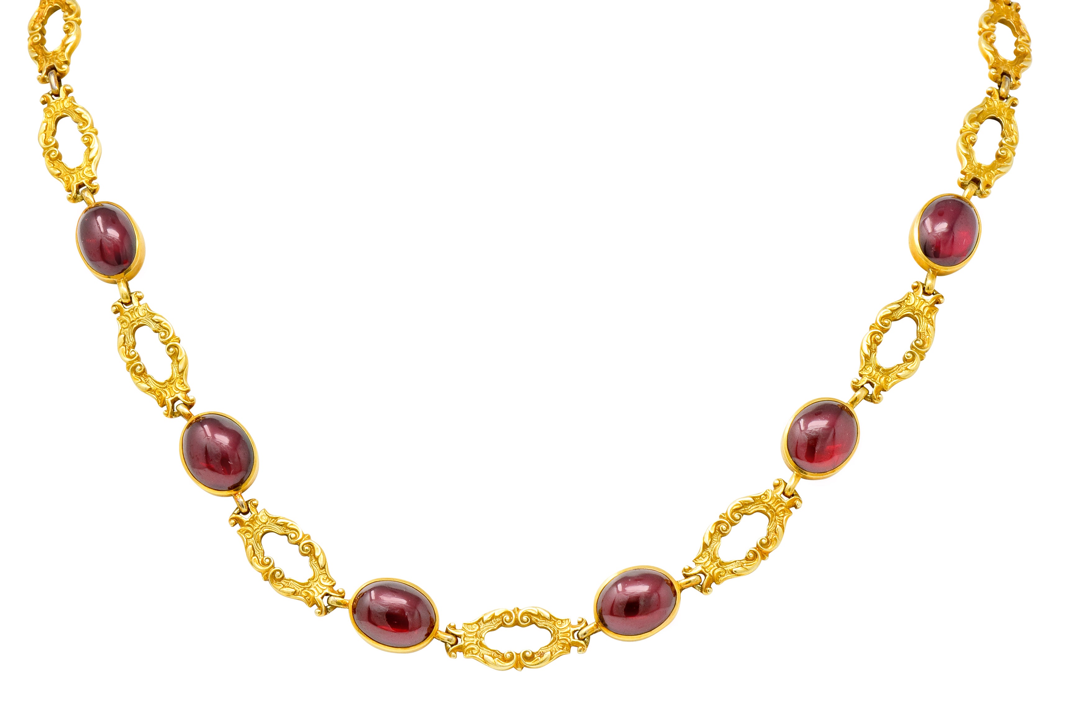 Late Victorian Rhodolite Garnet Cabochon 14 Karat Gold Scrolled Foliate Collar Necklace - Wilson's Estate Jewelry