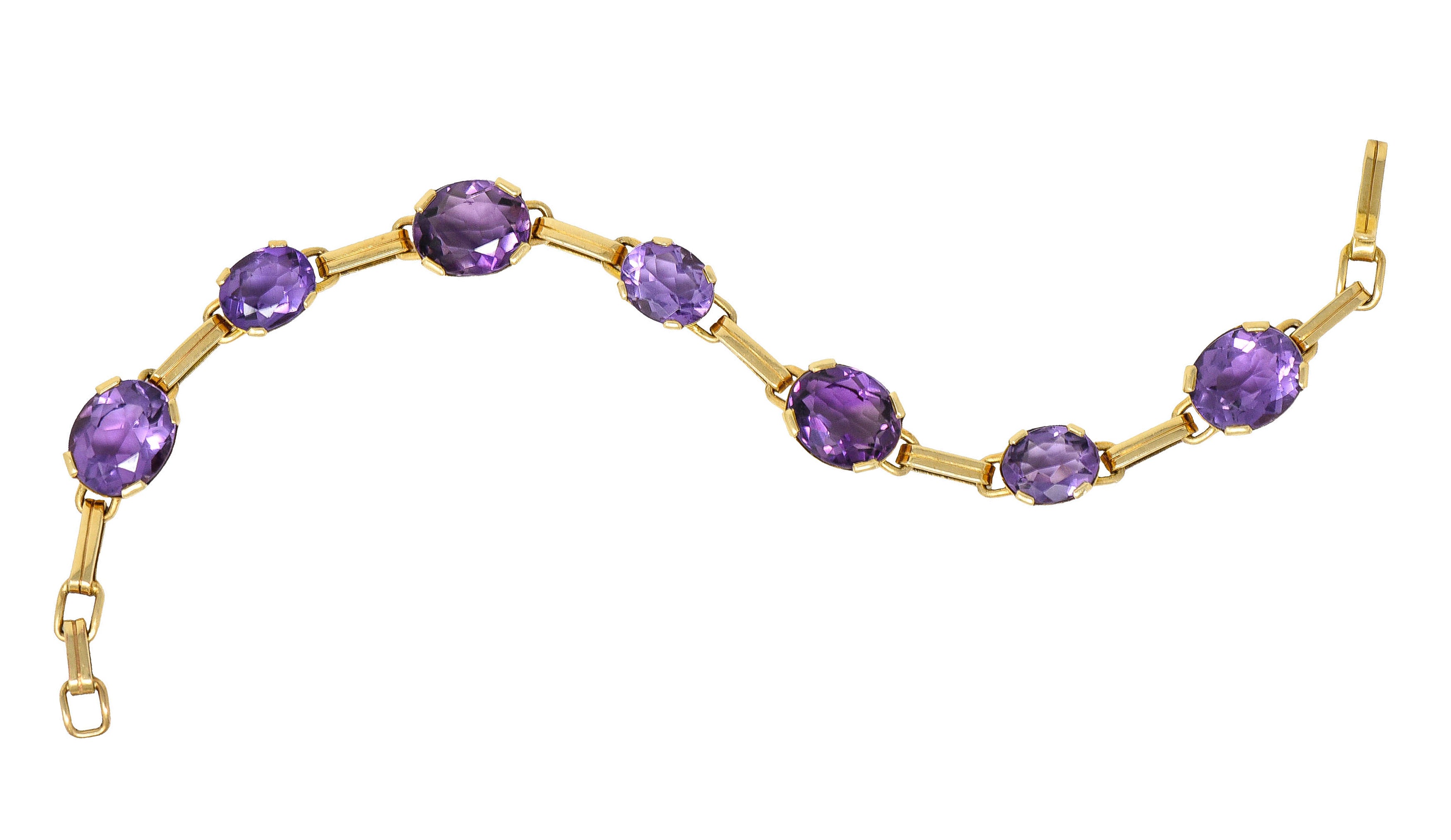 1940's Retro Amethyst 14 Karat Gold Station Link Braceletbracelet - Wilson's Estate Jewelry