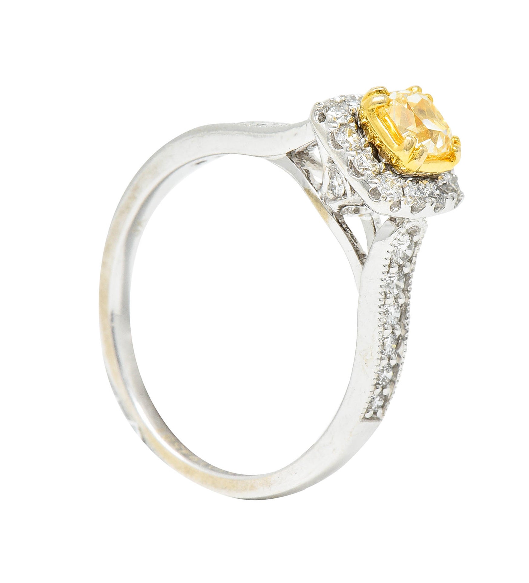 Contemporary 1.33 CTW Fancy Yellow Diamond & White Diamond 14 Karat Two-Tone Gold Engagement Ring IGIRing - Wilson's Estate Jewelry