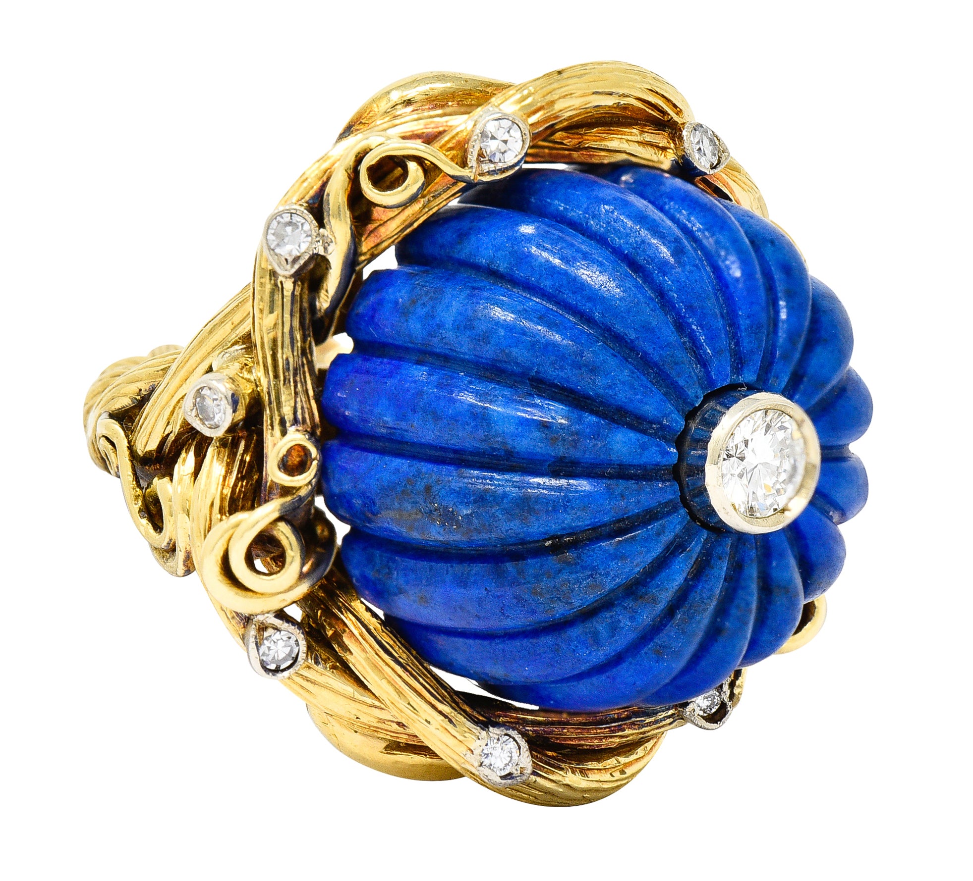 1960's Vintage Carved Lapis Lazuli Diamond 18 Karat Two-Tone Gold Statement Ring Wilson's Estate Jewelry