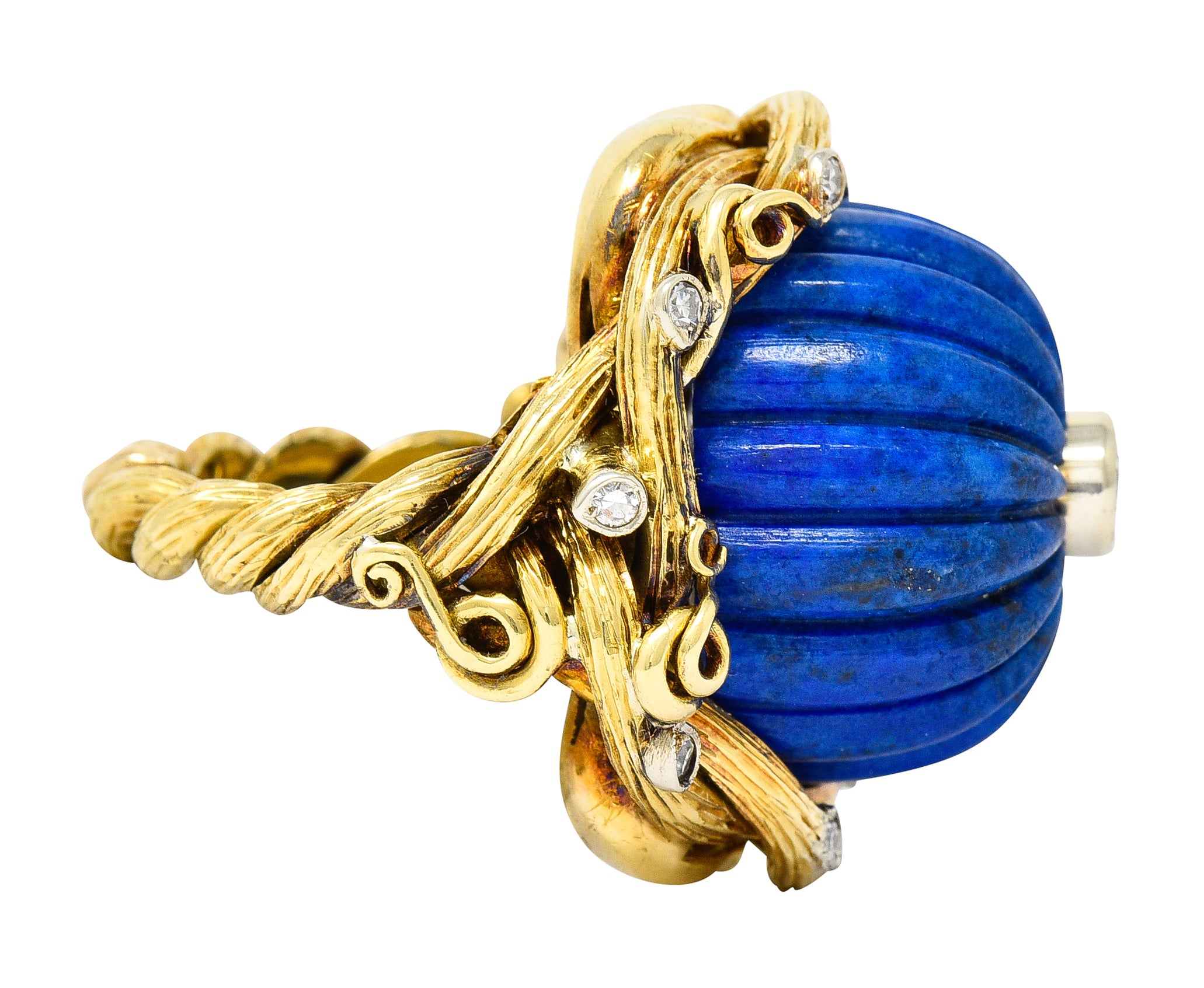 1960's Vintage Carved Lapis Lazuli Diamond 18 Karat Two-Tone Gold Statement Ring Wilson's Estate Jewelry