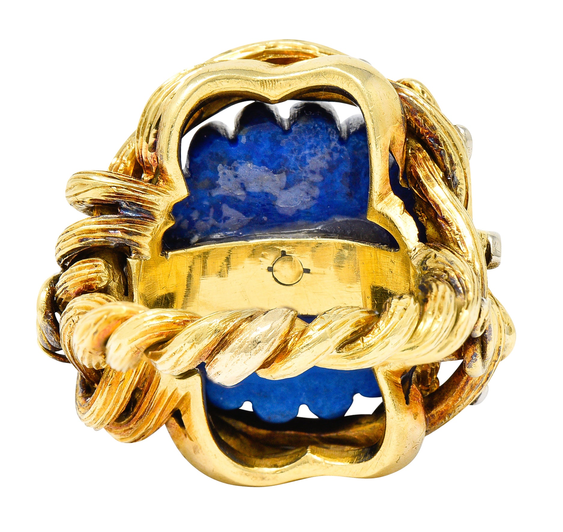 1960's Vintage Carved Lapis Lazuli Diamond 18 Karat Two-Tone Gold Statement Ring Wilson's Estate Jewelry