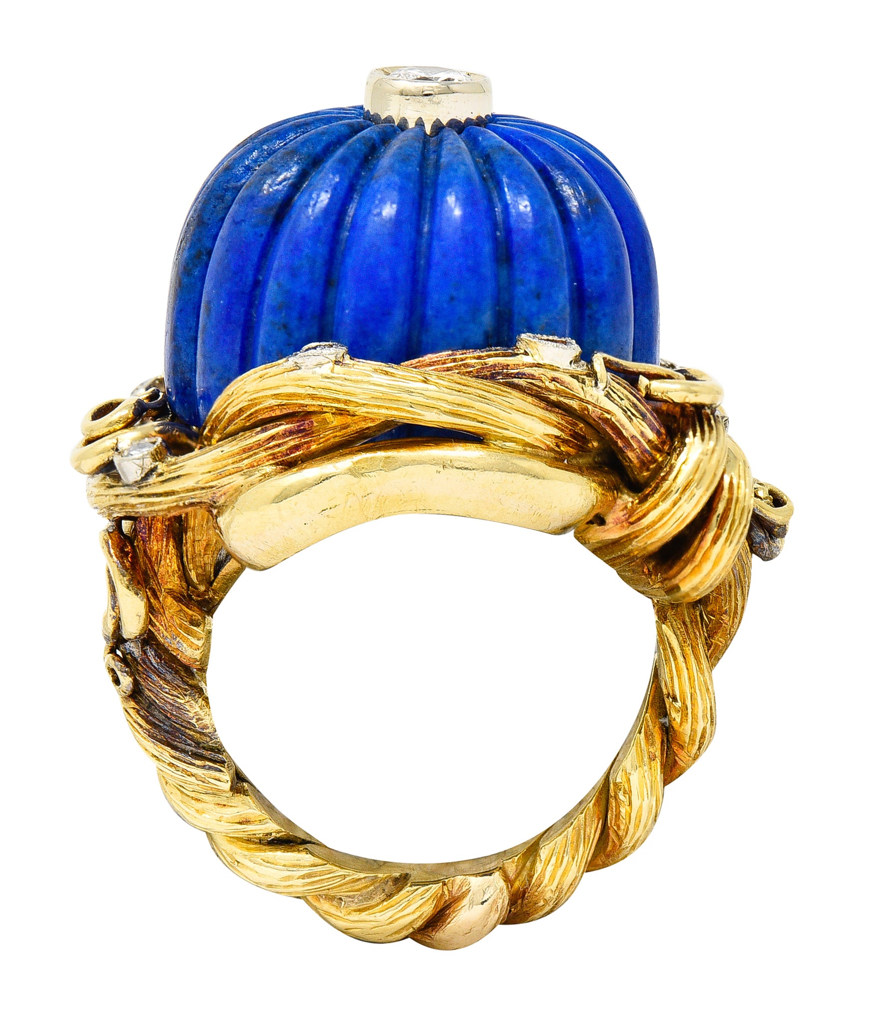 1960's Vintage Carved Lapis Lazuli Diamond 18 Karat Two-Tone Gold Statement Ring Wilson's Estate Jewelry