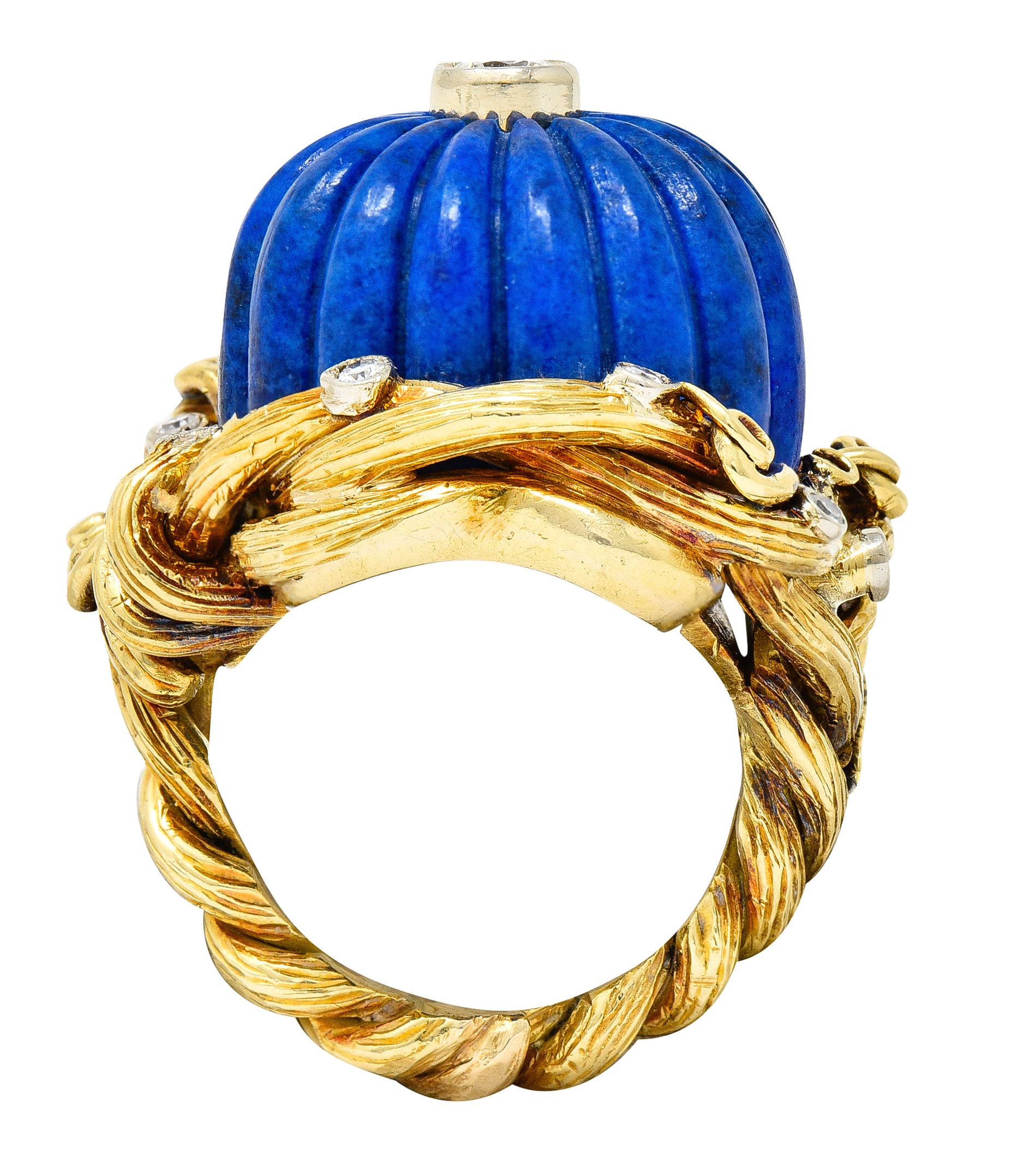 1960's Vintage Carved Lapis Lazuli Diamond 18 Karat Two-Tone Gold Statement Ring Wilson's Estate Jewelry