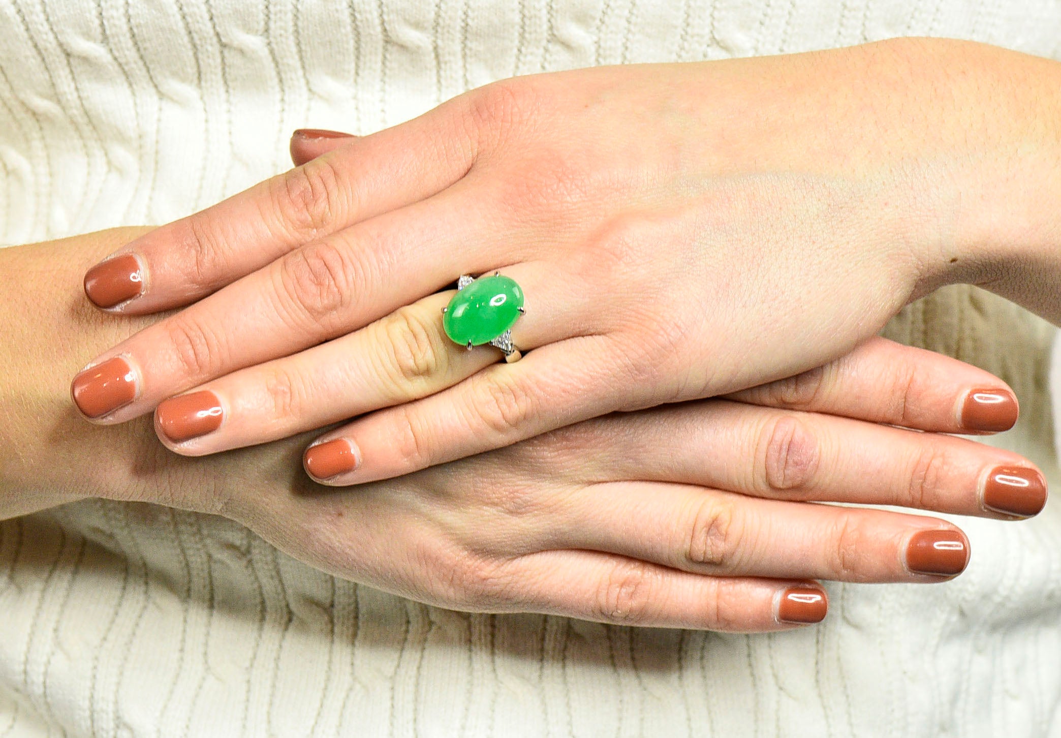 Contemporary Jade Diamond Platinum Cabochon Ring GIARing - Wilson's Estate Jewelry