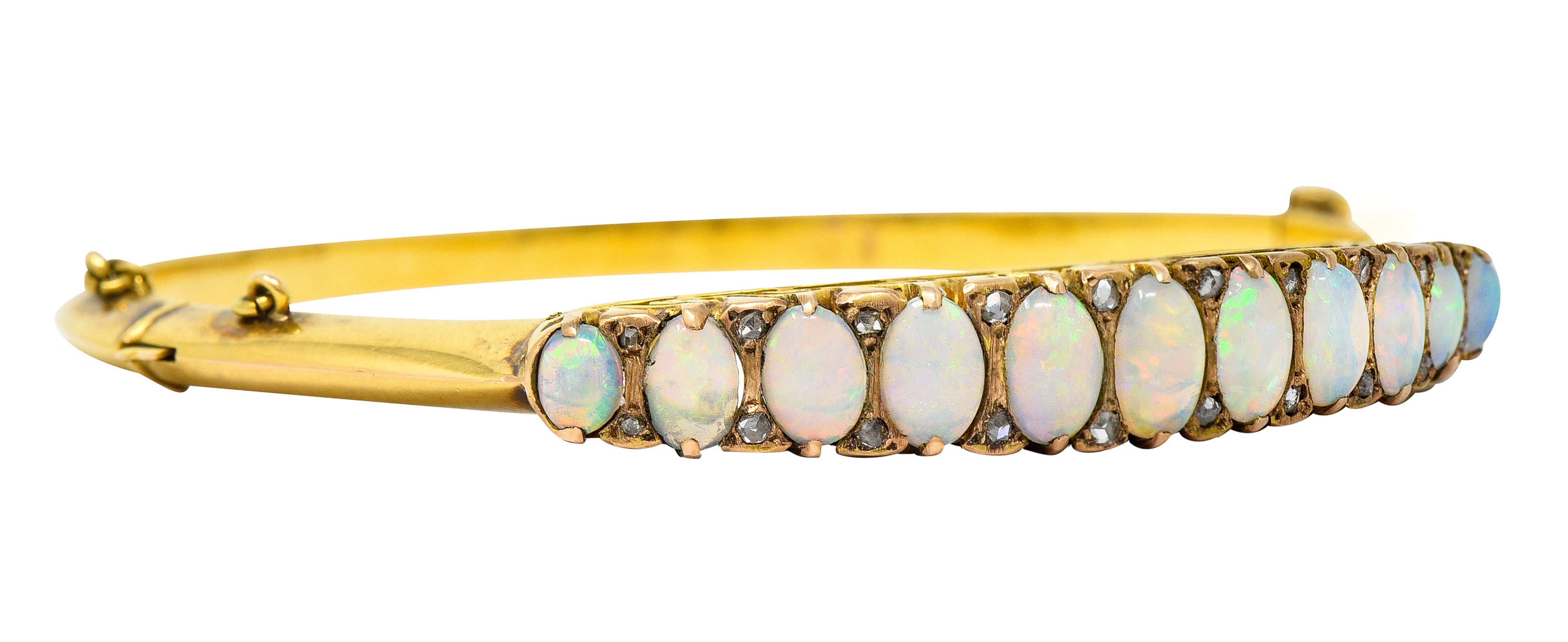 Victorian Diamond Opal 14 Karat Yellow Gold Scroll Bangle Bracelet Wilson's Estate Jewelry