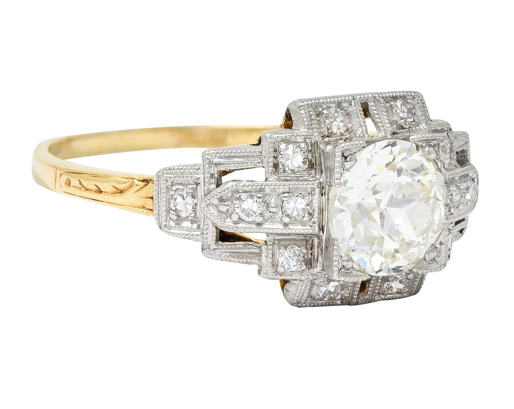 Art Deco 1.24 CTW Diamond Platinum 14 Karat Yellow Gold Engagement Ring Wilson's Estate Jewelry