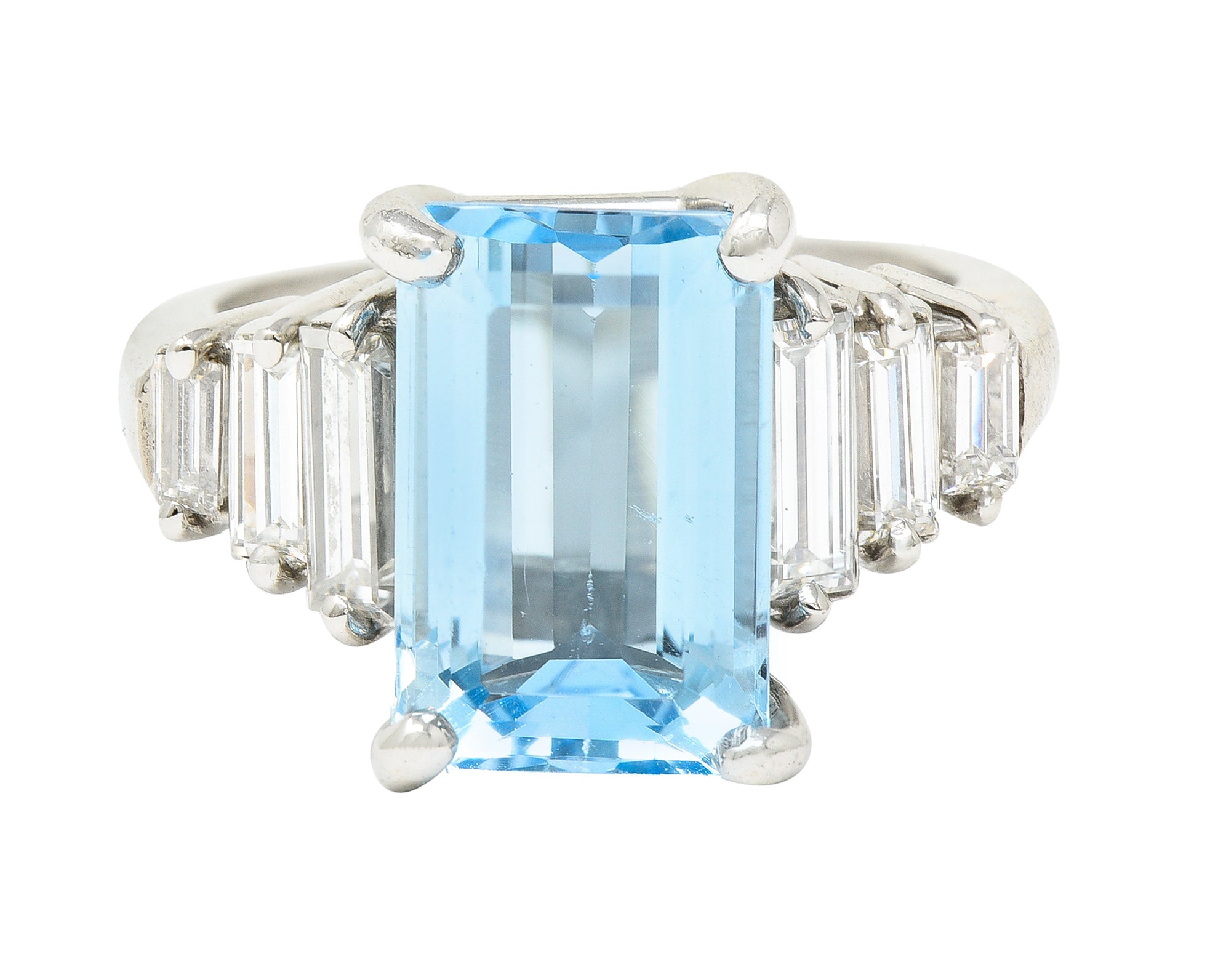 1950's 4.53 CTW Emerald Cut Aquamarine Baguette Cut Diamond Platinum Stepped Vintage Cocktail Ring Wilson's Estate Jewelry