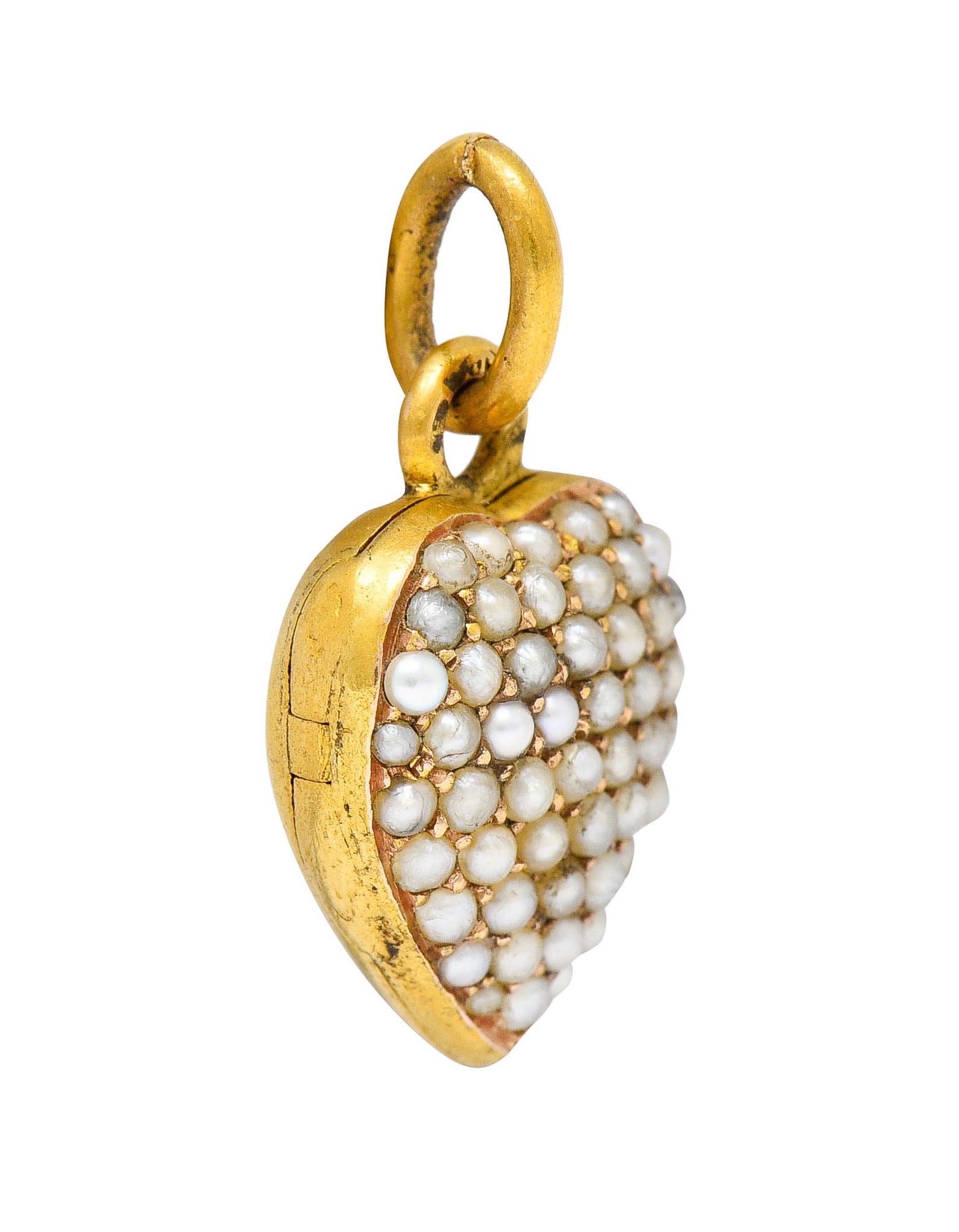 1900 Victorian Natural Freshwater Pearl 18 Karat Gold Heart Locket Charmcharm - Wilson's Estate Jewelry