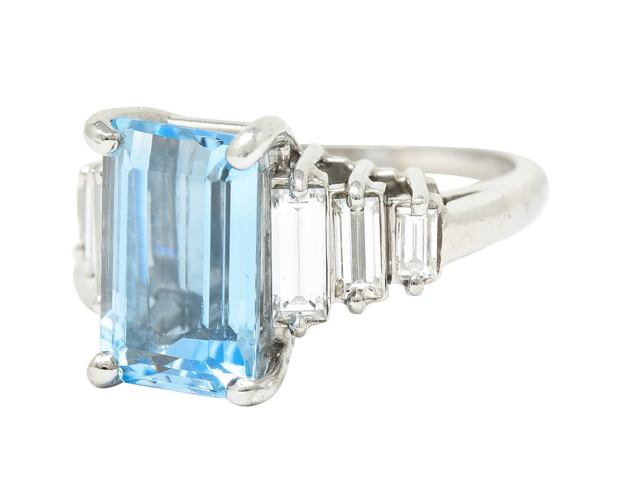 1950's 4.53 CTW Emerald Cut Aquamarine Baguette Cut Diamond Platinum Stepped Vintage Cocktail Ring Wilson's Estate Jewelry