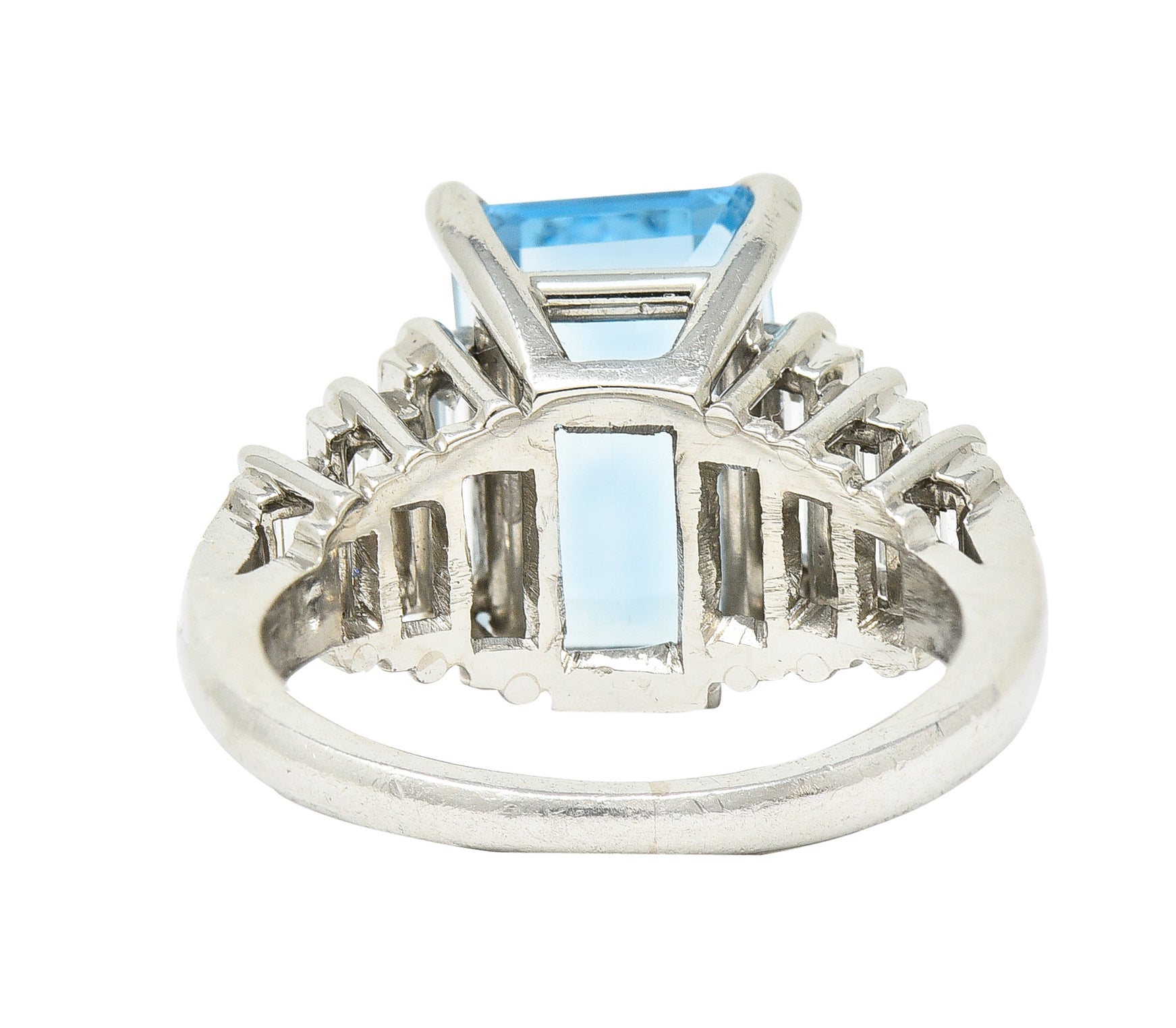 1950's 4.53 CTW Emerald Cut Aquamarine Baguette Cut Diamond Platinum Stepped Vintage Cocktail Ring Wilson's Estate Jewelry