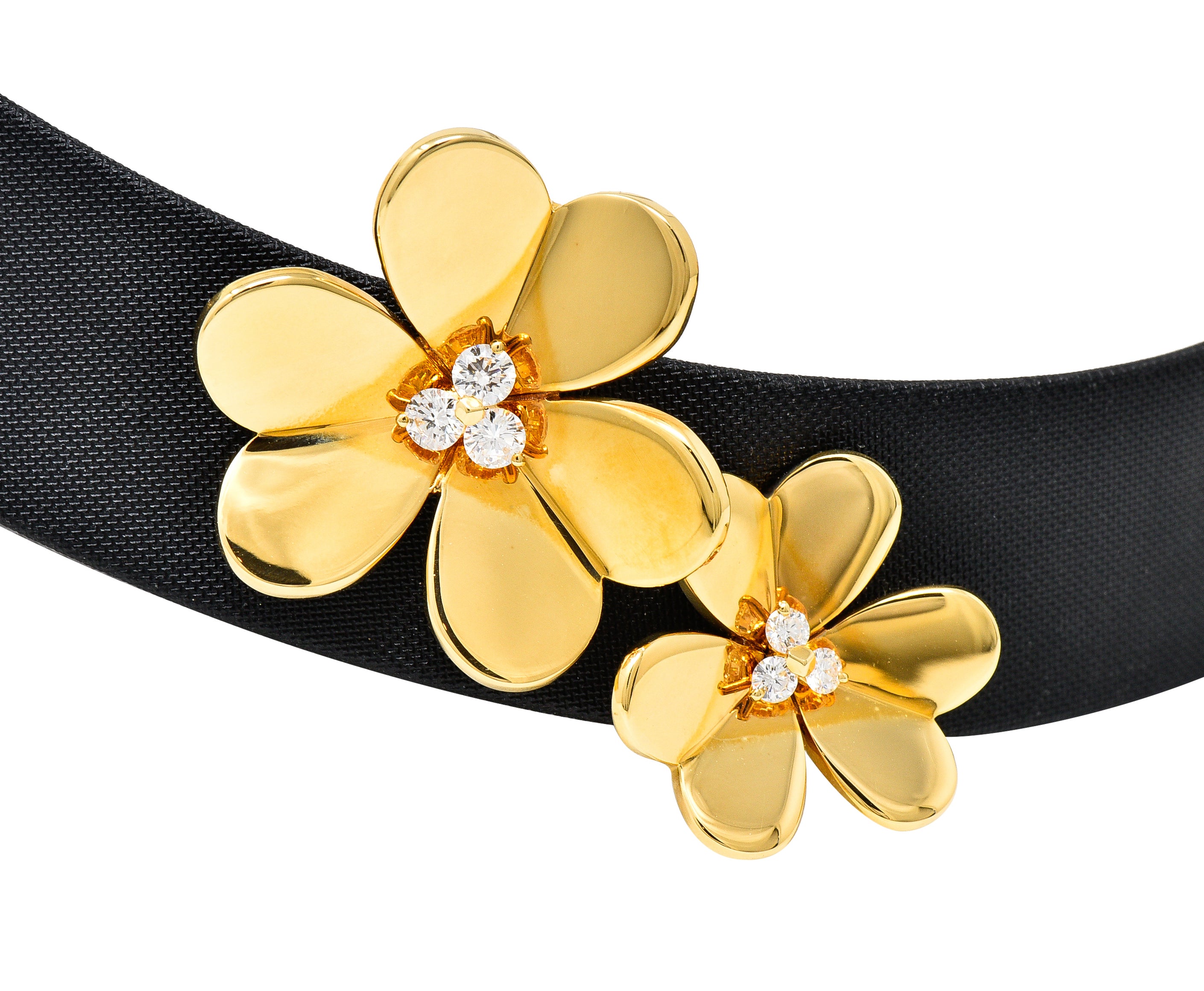 Van Cleef & Arpels Diamond 18 Karat Yellow Gold Silk Leather Frivole French Clover Vintage  Collar Necklace Wilson's Estate Jewelry