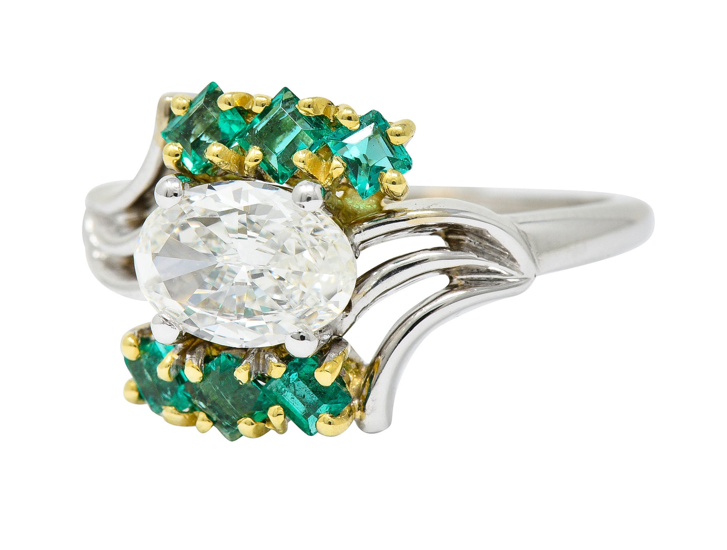 Cartier 1950's 1.76 CTW Diamond Emerald 18 Karat Two-Tone Bypass Ring GIARing - Wilson's Estate Jewelry