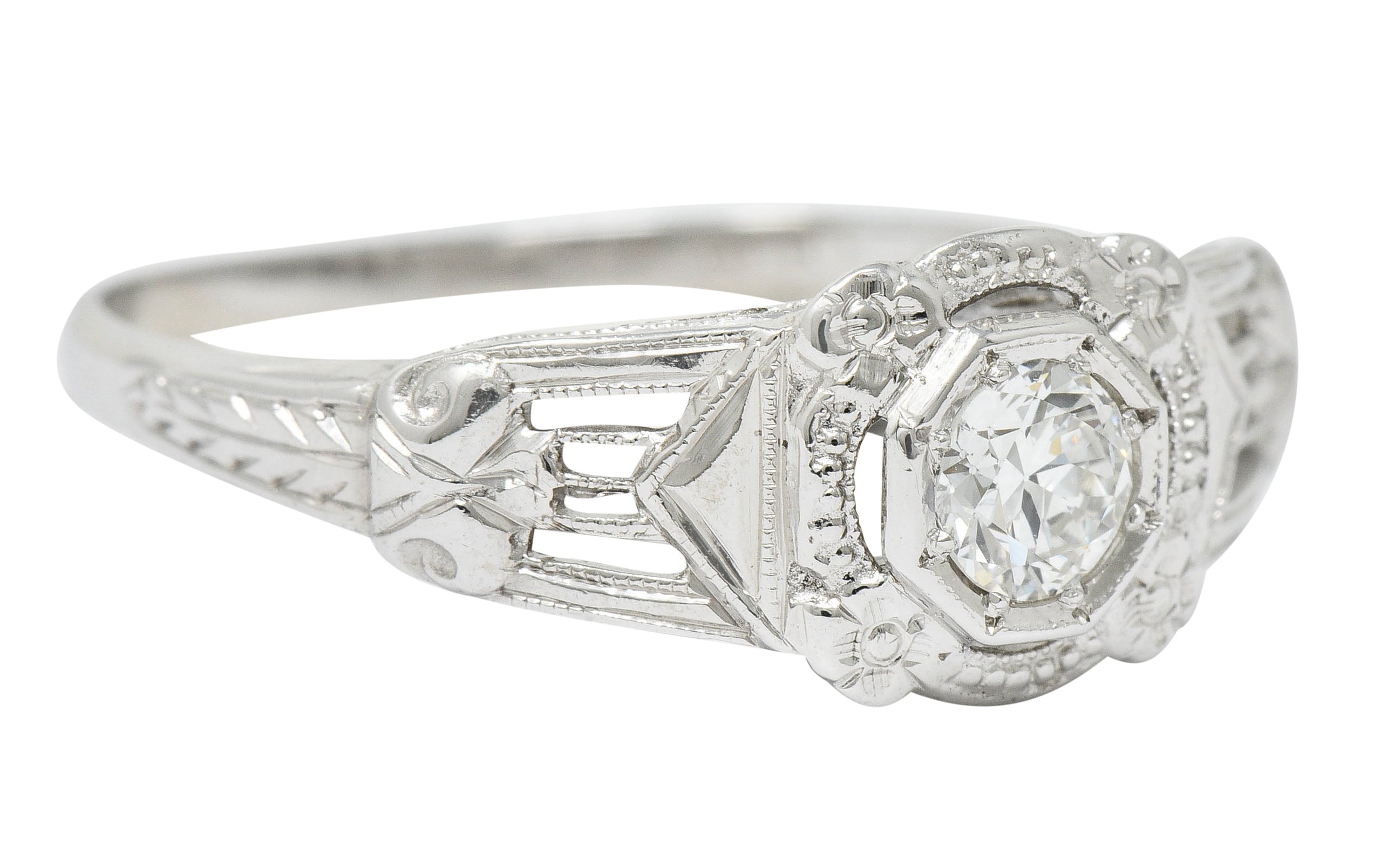 Art Deco Diamond 18 Karat White Gold Orange Blossom Halo Engagement RingRing - Wilson's Estate Jewelry