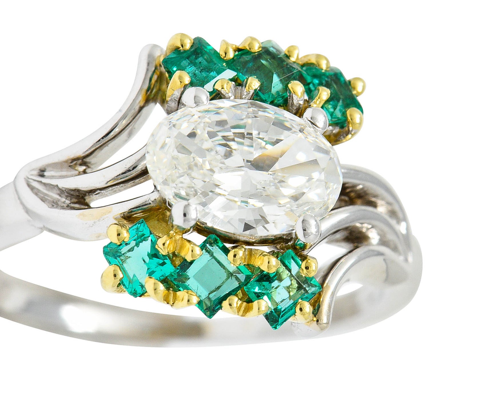 Cartier 1950's 1.76 CTW Diamond Emerald 18 Karat Two-Tone Bypass Ring GIARing - Wilson's Estate Jewelry