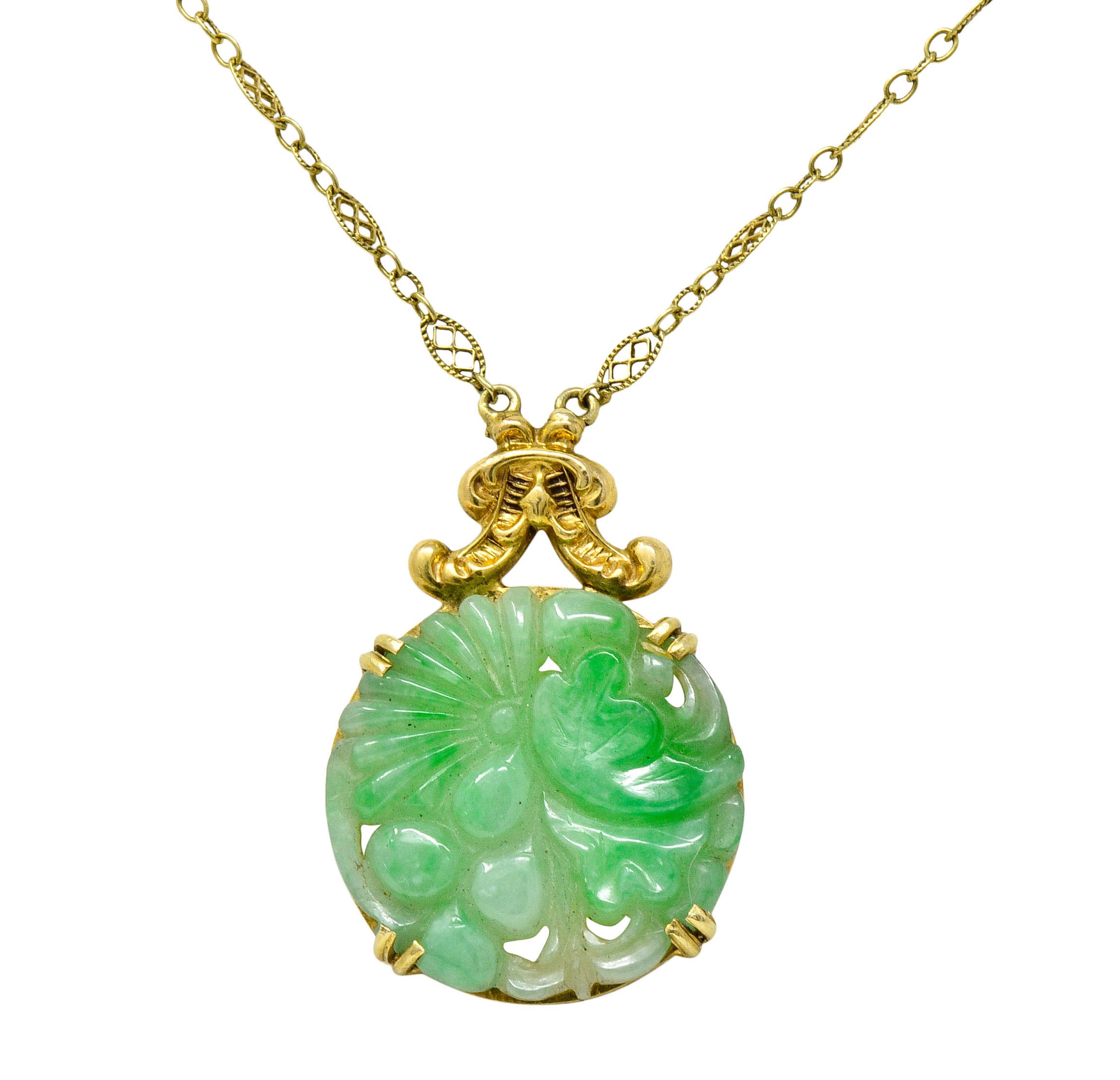 1940's Retro Carved Jade 14 Karat Gold Floral Pendant NecklaceNecklace - Wilson's Estate Jewelry