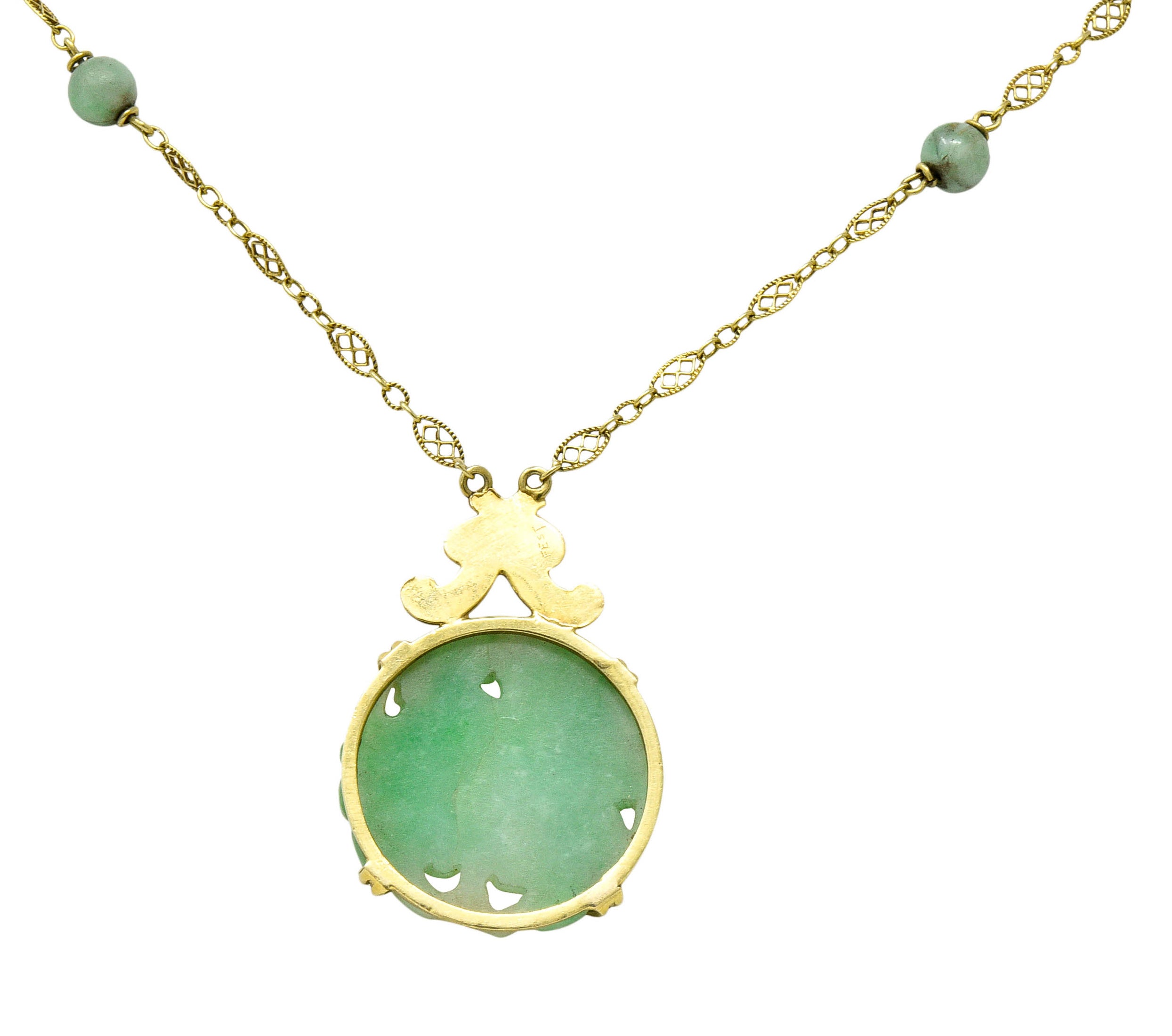 1940's Retro Carved Jade 14 Karat Gold Floral Pendant NecklaceNecklace - Wilson's Estate Jewelry