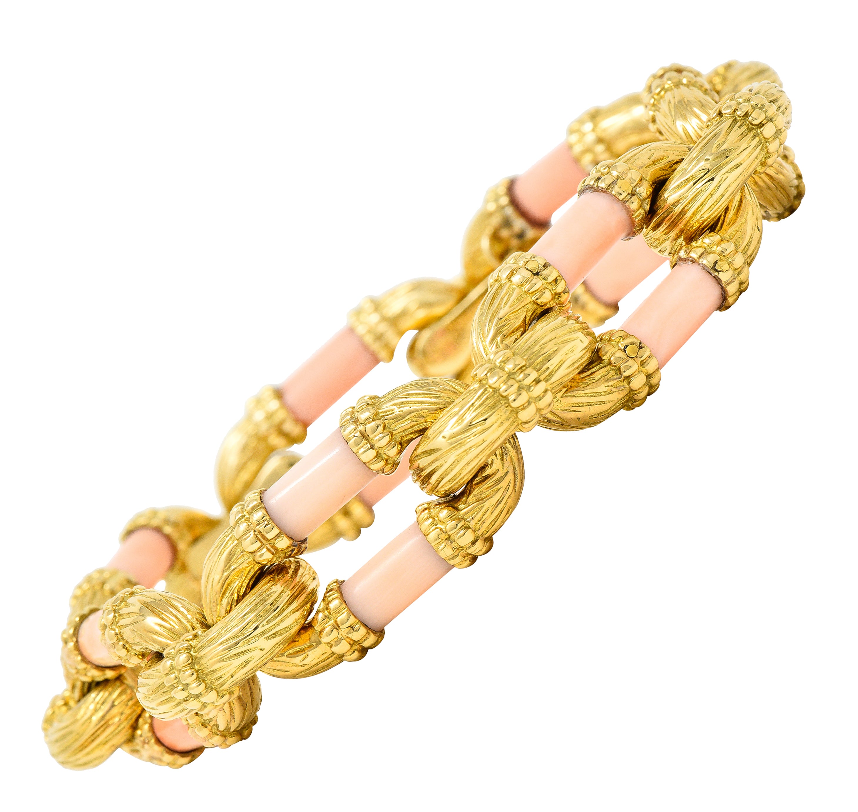 Van Cleef & Arpels French 1960's Angel Skin Coral 18 Karat Yellow Gold Textured Link Vintage Bracelet Wilson's Estate Jewelry