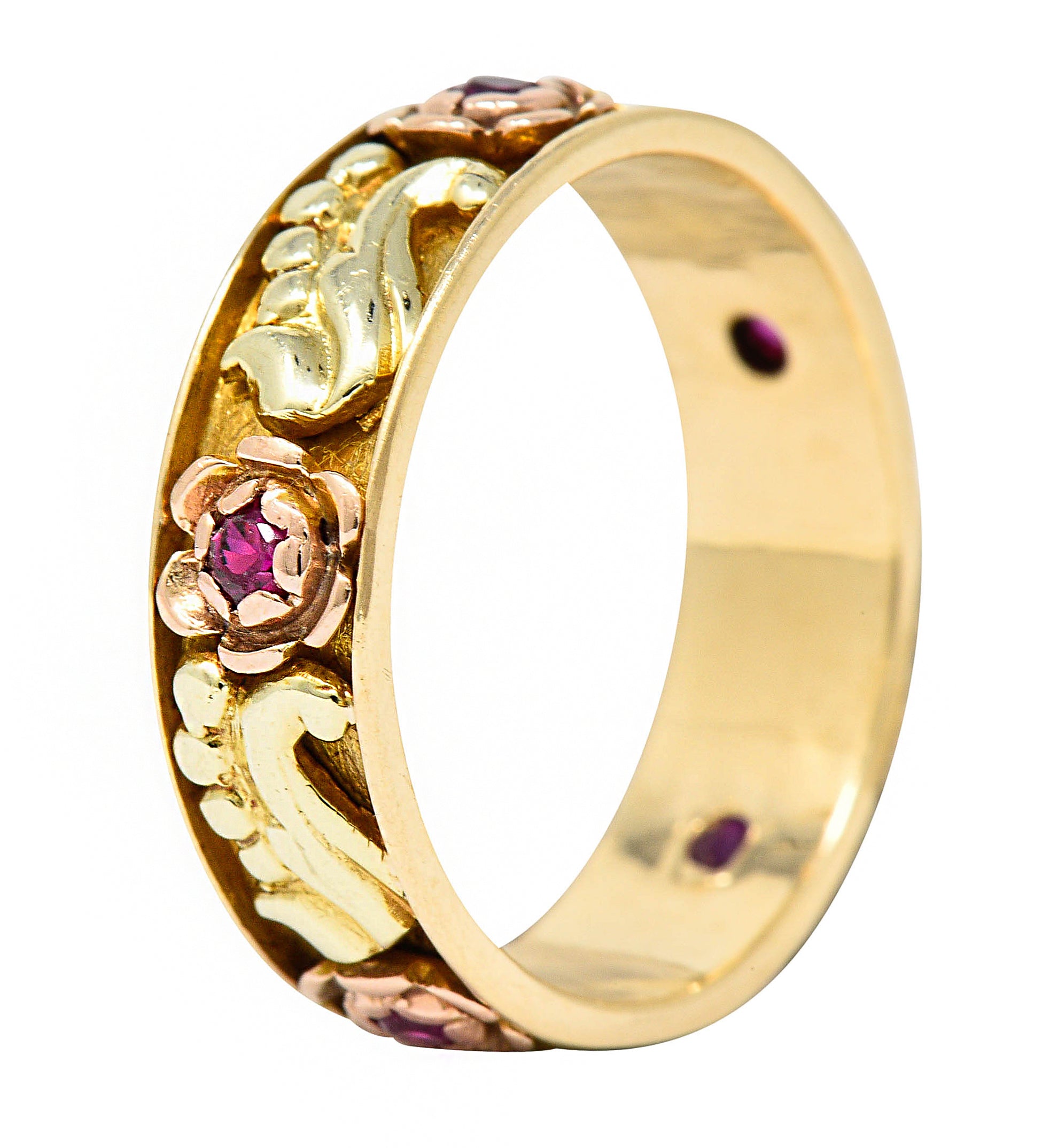 Art Nouveau Ruby 14 Karat Tri-Colored Gold Rose Band RingRing - Wilson's Estate Jewelry