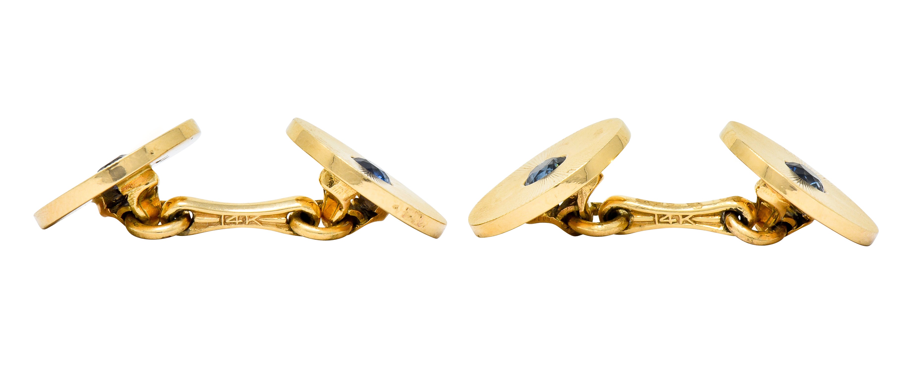 Tiffany & Co. Sapphire 14 Karat Gold Retro Men's Radiating Disk Cufflink Dress Set - Wilson's Estate Jewelry