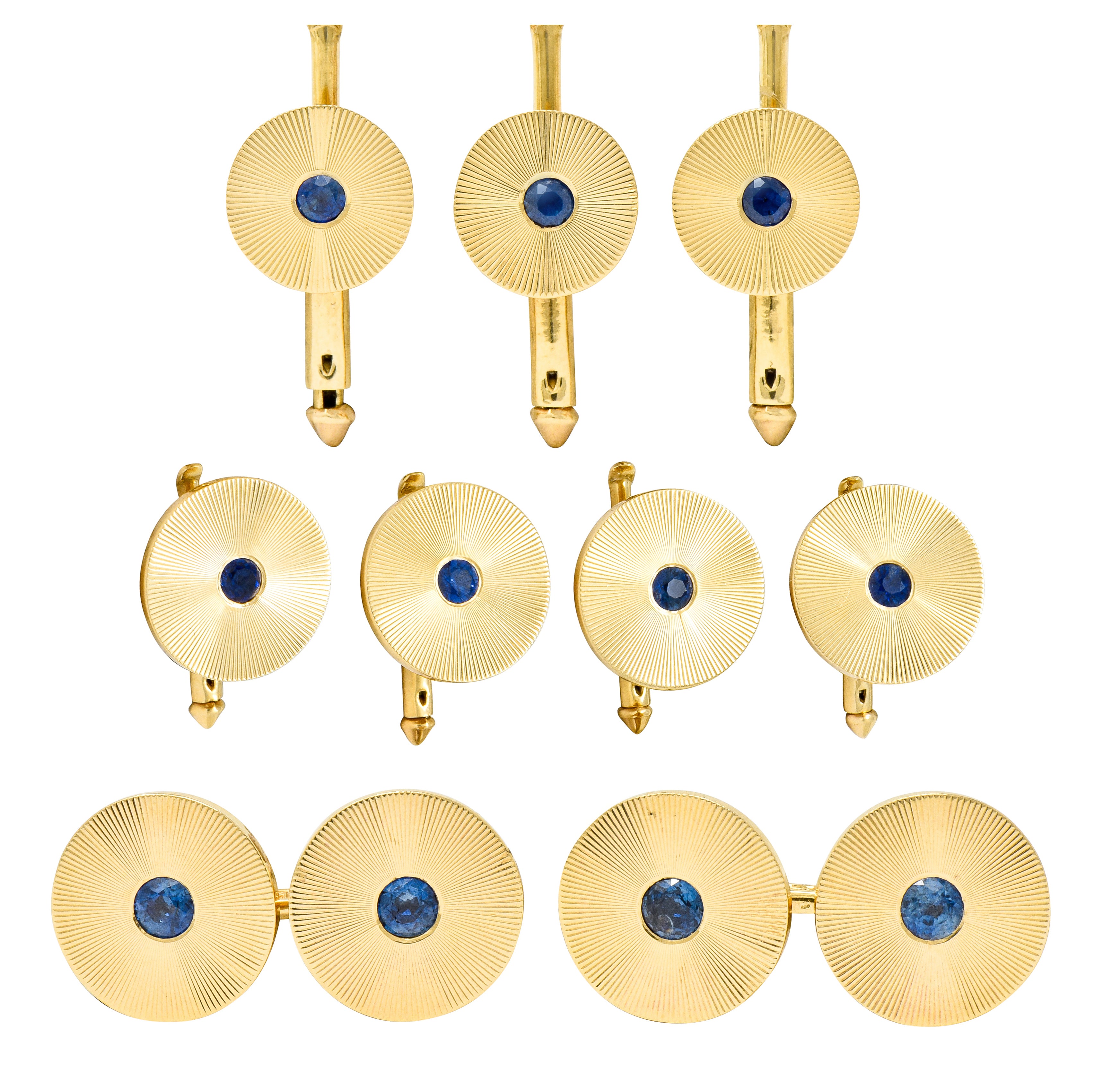 Tiffany & Co. Sapphire 14 Karat Gold Retro Men's Radiating Disk Cufflink Dress Set - Wilson's Estate Jewelry