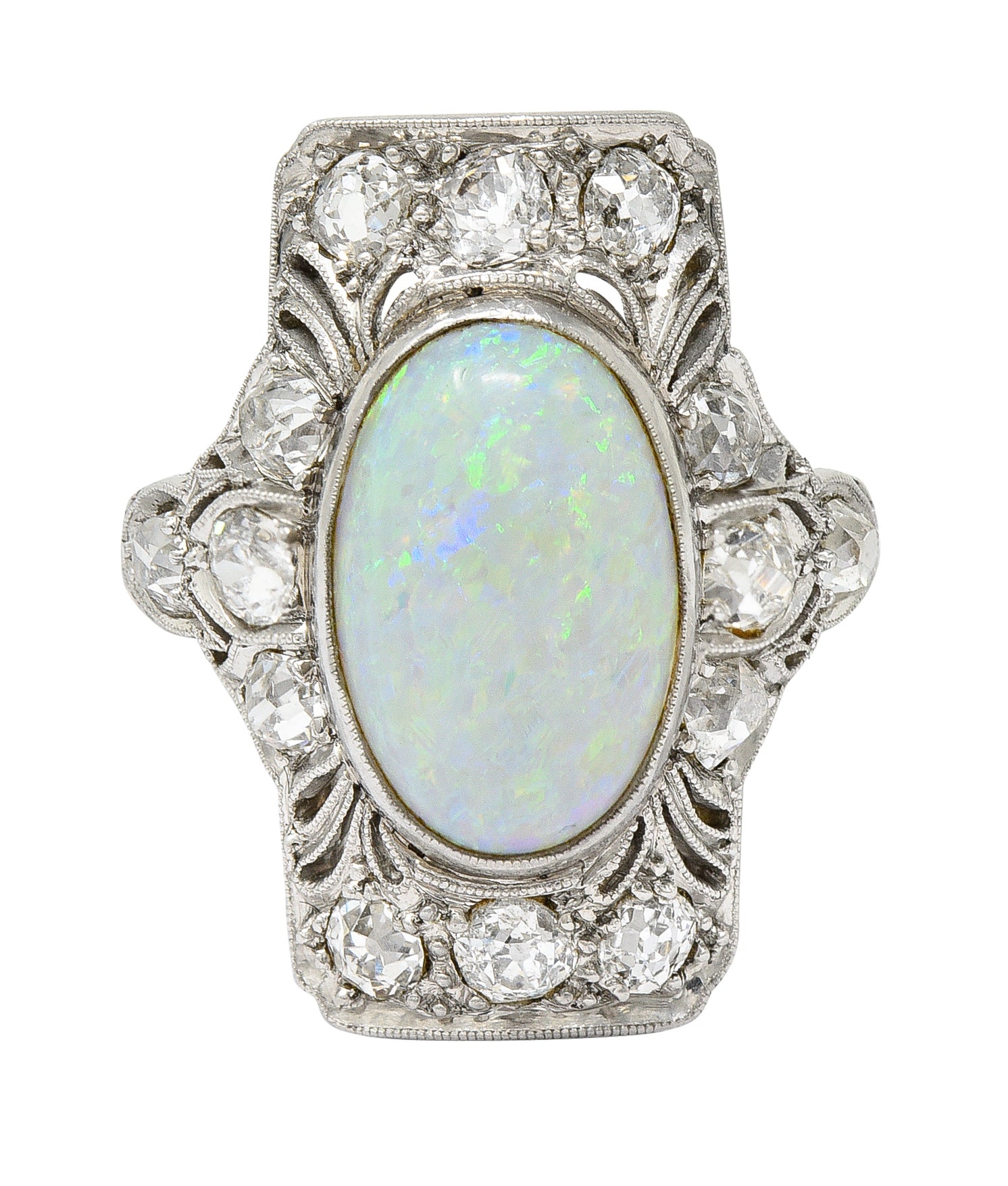 Edwardian Opal Cabochon Diamond Platinum Gemstone Dinner Ring Wilson's Estate Jewelry