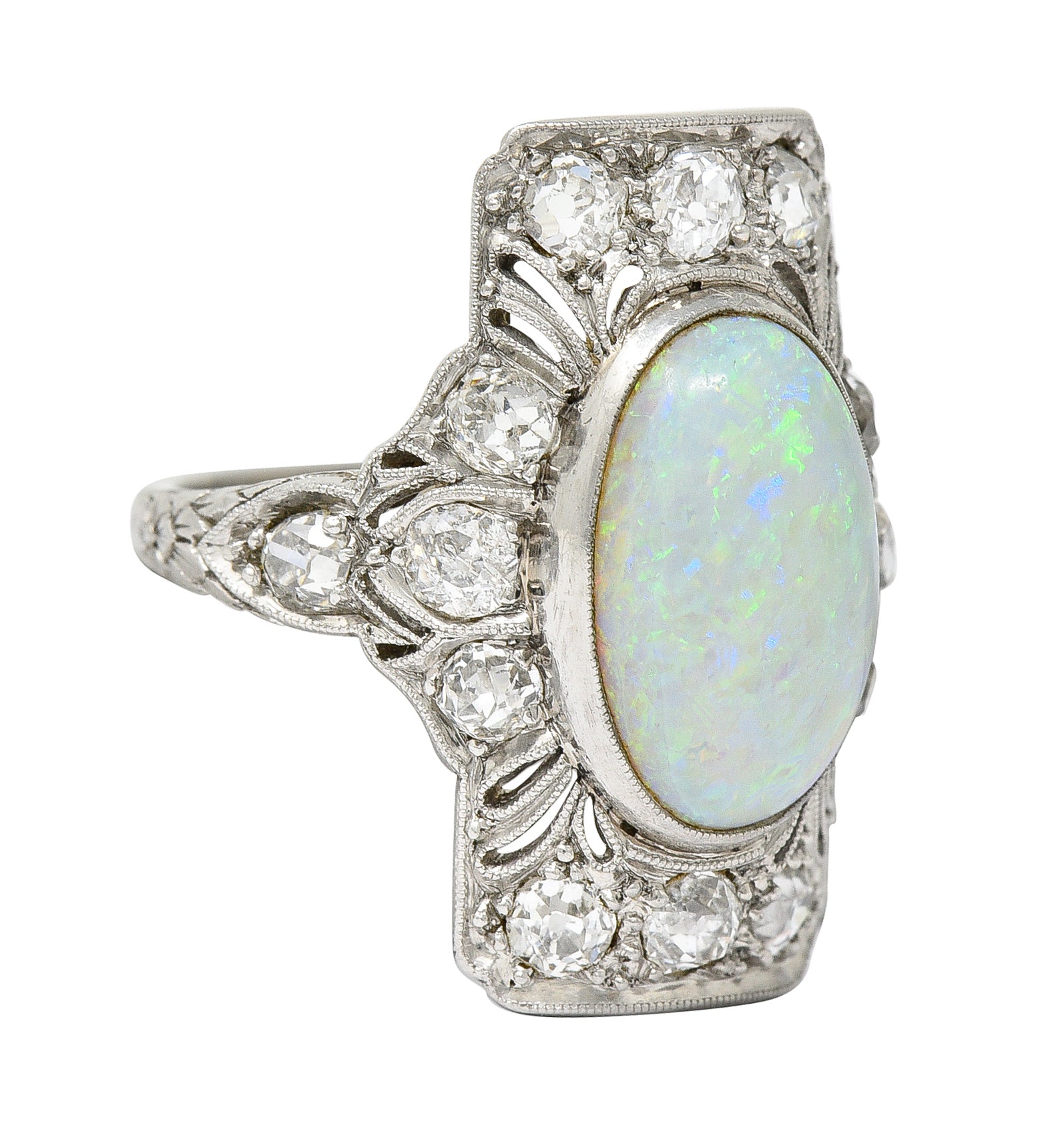 Edwardian Opal Cabochon Diamond Platinum Gemstone Dinner Ring Wilson's Estate Jewelry