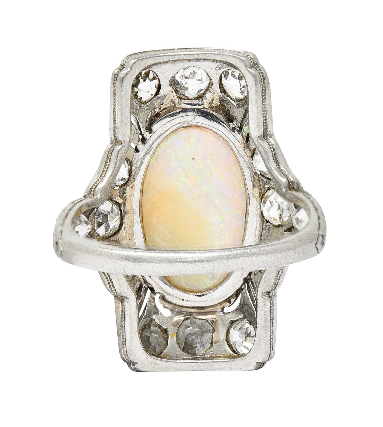 Edwardian Opal Cabochon Diamond Platinum Gemstone Dinner Ring Wilson's Estate Jewelry