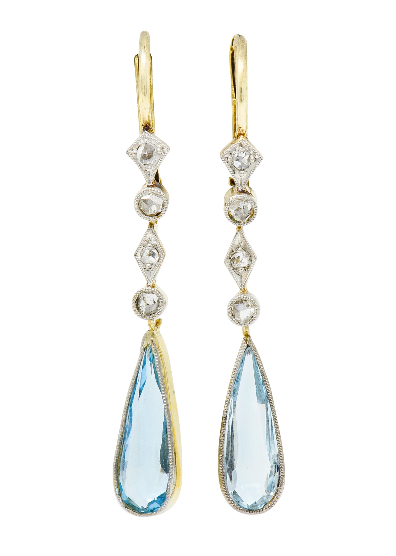 Edwardian Aquamarine Diamond Platinum-Topped Gold Drop Earrings - Wilson's Estate Jewelry