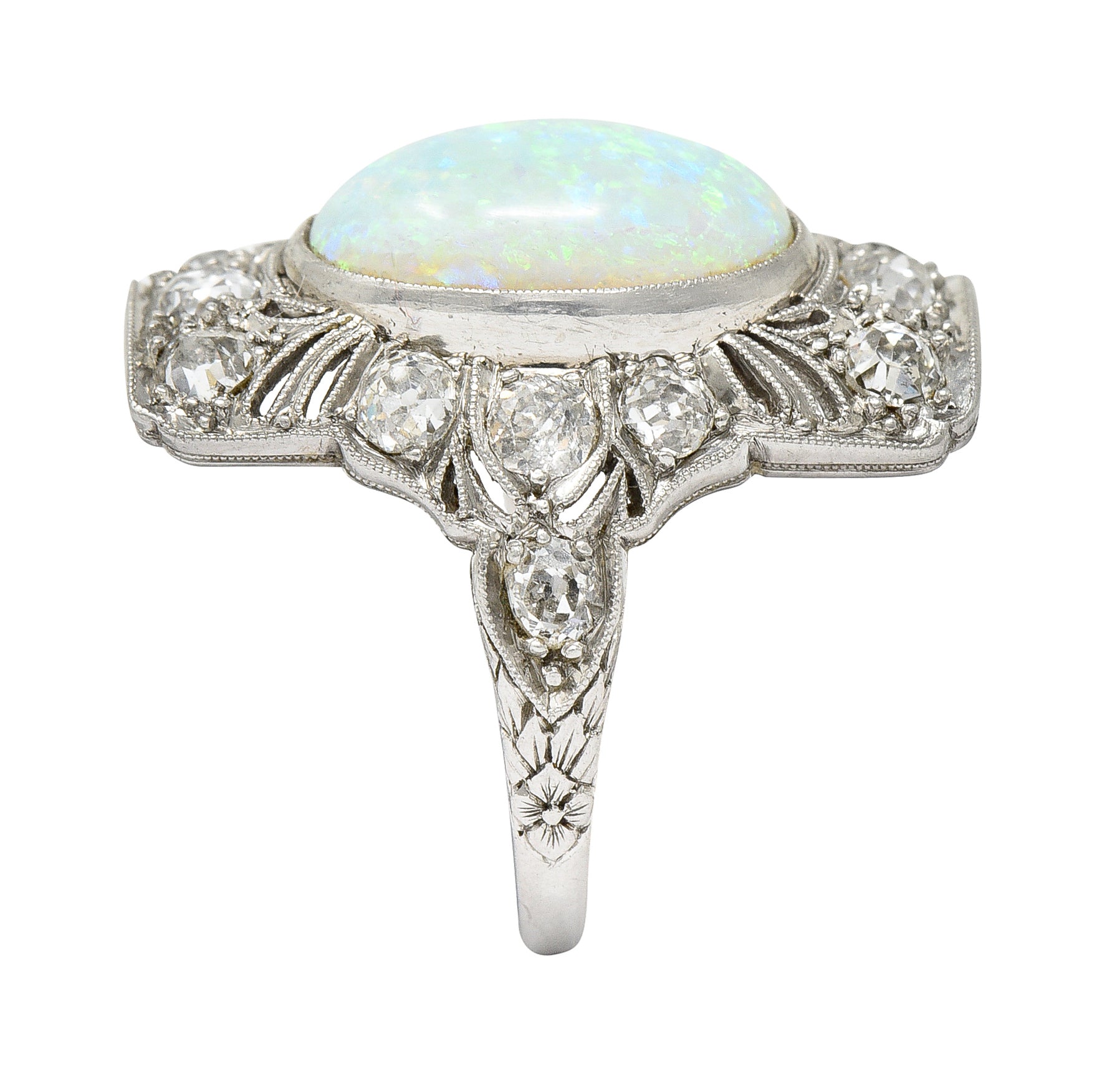 Edwardian Opal Cabochon Diamond Platinum Gemstone Dinner Ring Wilson's Estate Jewelry