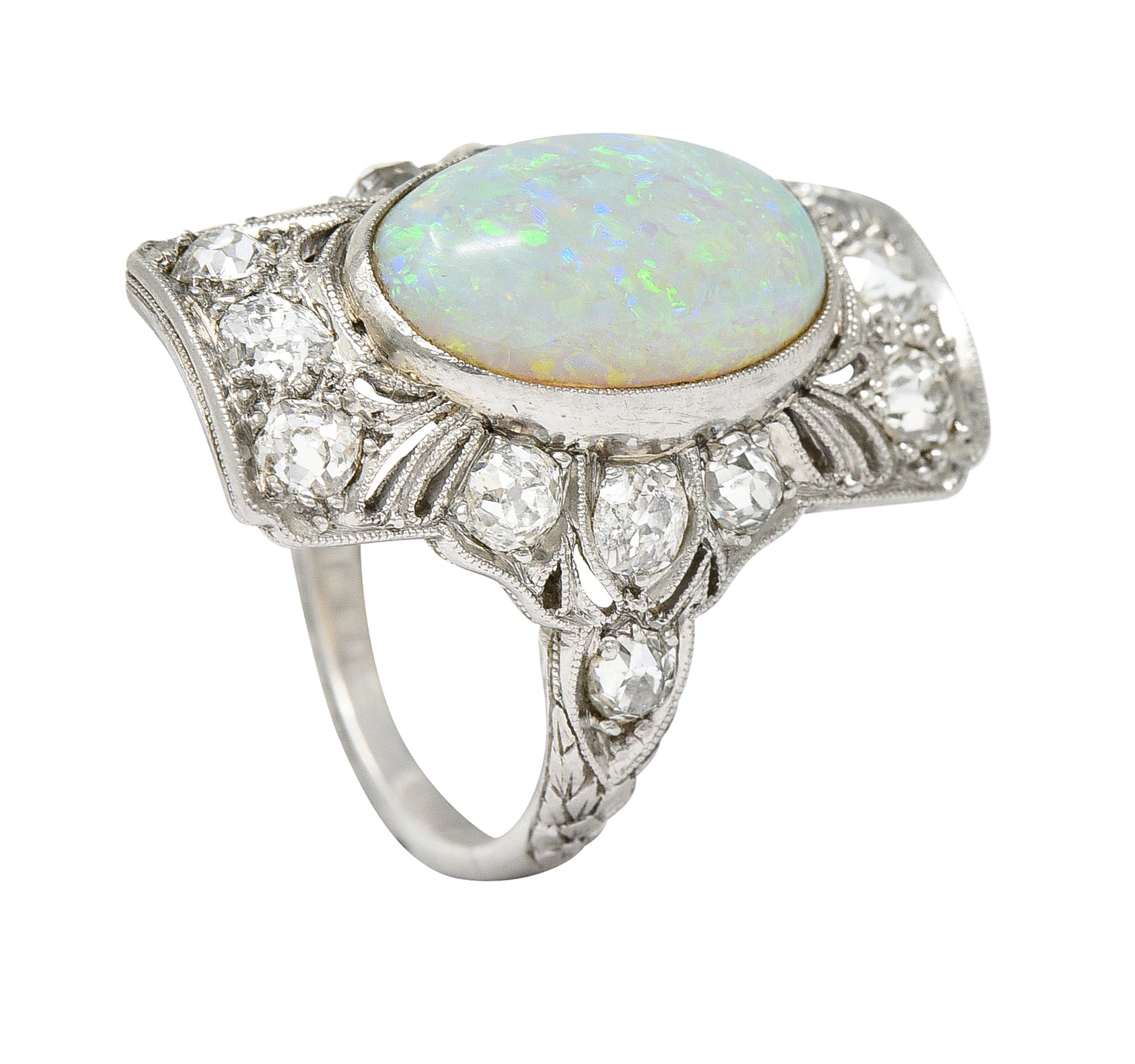 Edwardian Opal Cabochon Diamond Platinum Gemstone Dinner Ring Wilson's Estate Jewelry