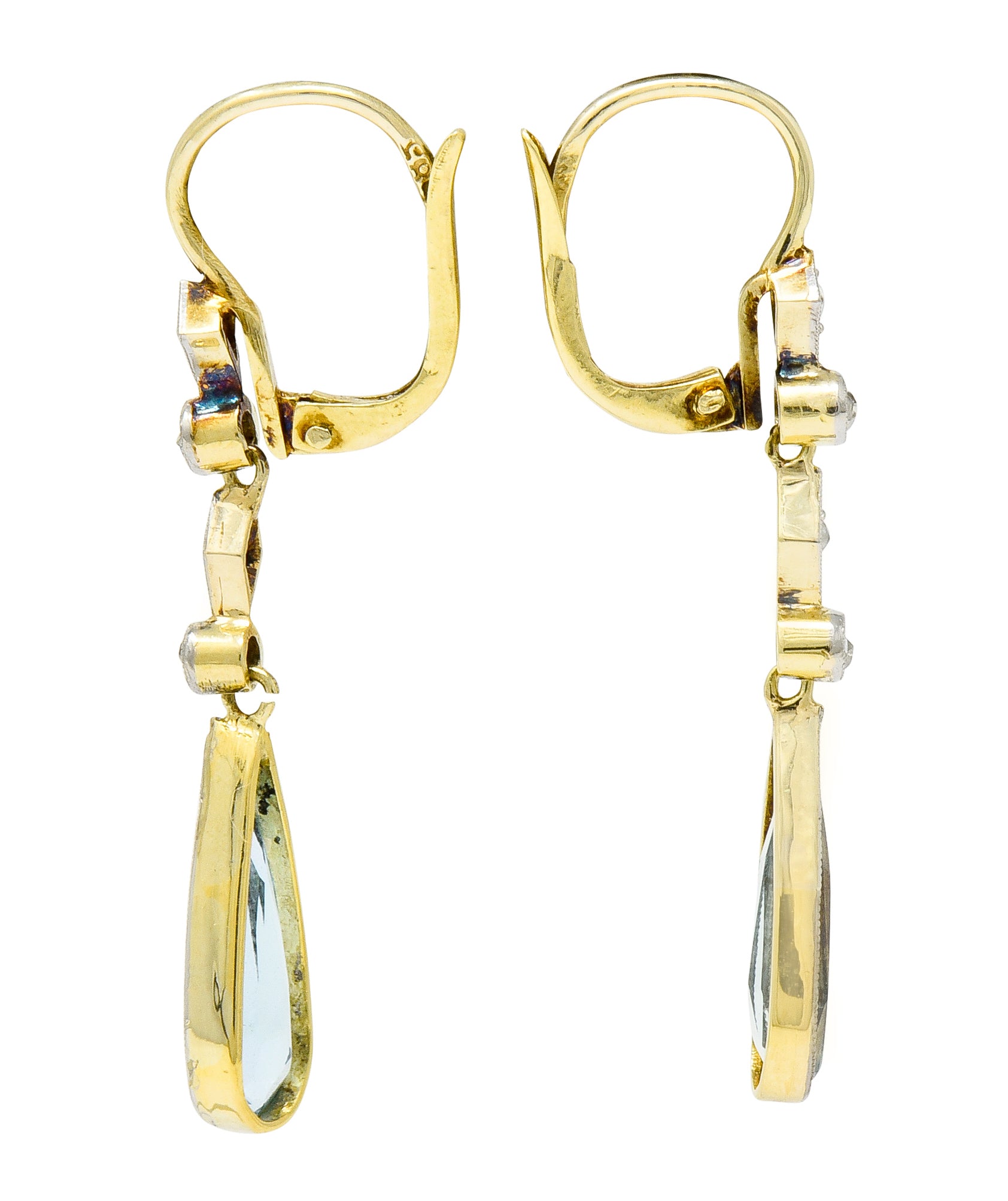 Edwardian Aquamarine Diamond Platinum-Topped Gold Drop Earrings - Wilson's Estate Jewelry